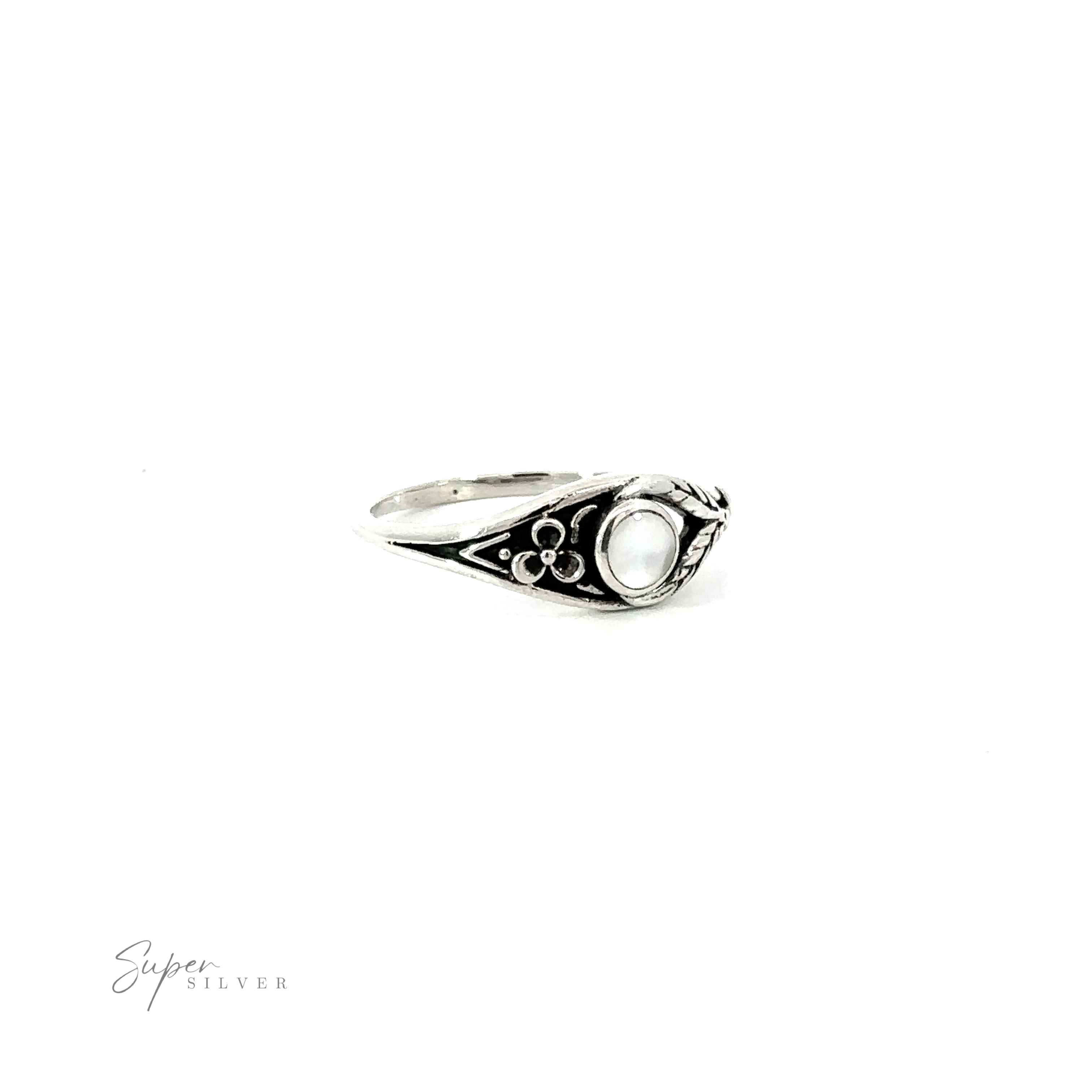 An Inlay Stone Ring with Flower and Leaf Design made of .925 Sterling Silver.