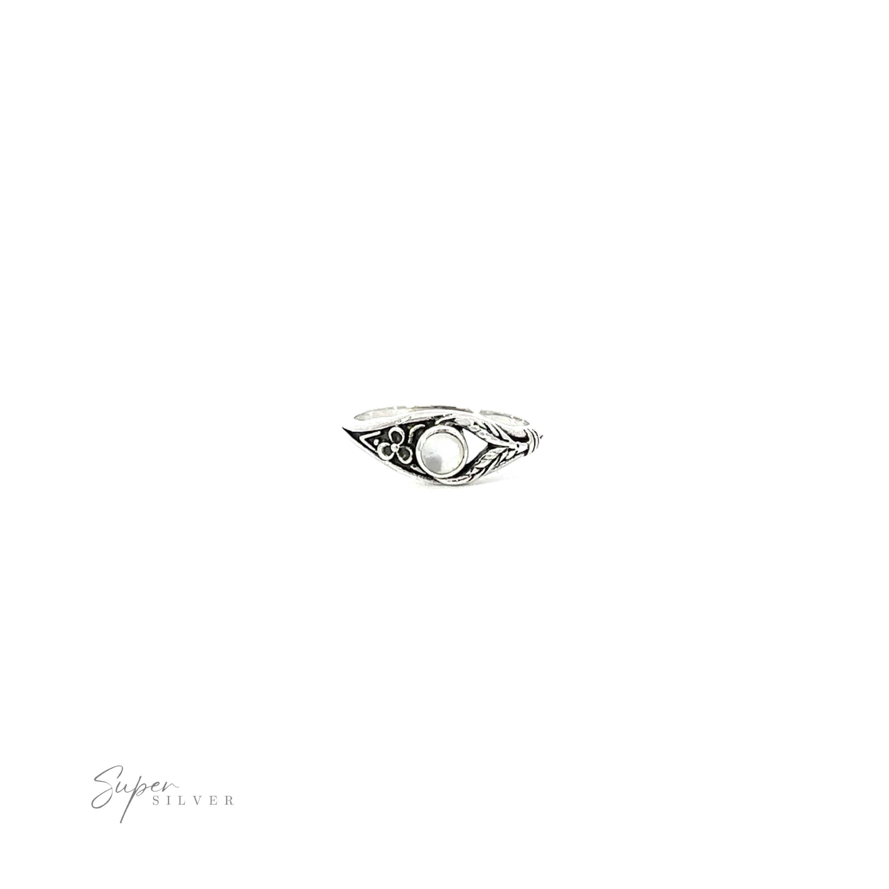 A silver Inlay Stone Ring with Flower and Leaf Design, featuring a flower and leaf design on its inlay circle stone. Crafted from .925 Sterling Silver.