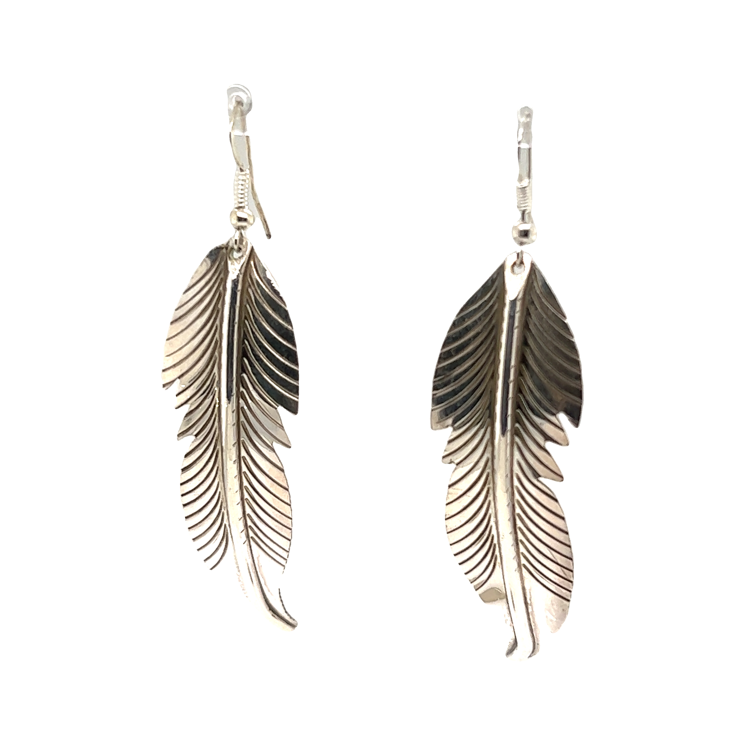 A pair of Super Silver Striking Native American Feather Earrings on a white background.