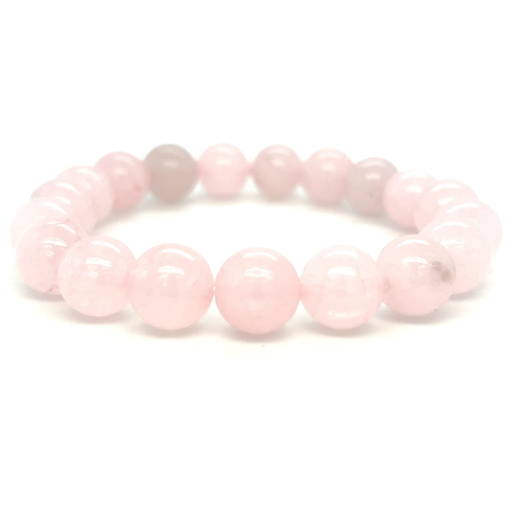 
                  
                    A pink 4mm beaded rose quartz healing stone bracelet displayed against a white background.
                  
                