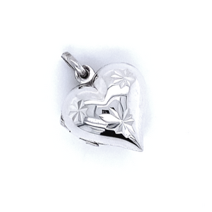 A close-up image of a Small Heart Shaped Locket with Star Etching with engraved floral designs and a lustrous rhodium finish.