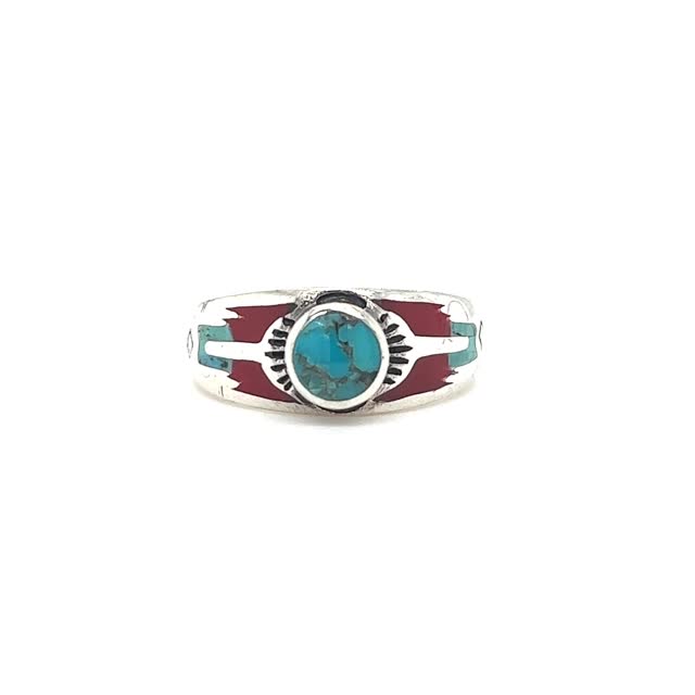 A Super Silver Kingman Turquoise Composite Ring With Coral and a sunburst design.