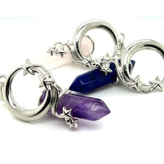 A Moon and Stars Crystal Pendant necklace adorned with three crystals and a star, imbued with the magical healing properties of the universe, by Super Silver.