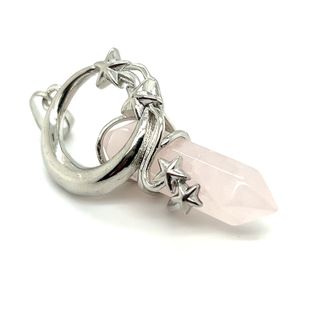 A Moon and Stars Crystal Pendant adorned with a pink quartz stone and delicate stars, representing the beauty of the universe and offering healing properties from Super Silver.