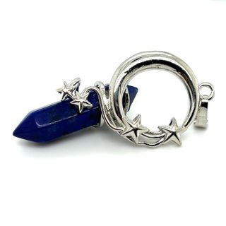 A Moon and Stars Crystal Pendant with a lapis stone and stars, representing the universe and its healing properties by Super Silver.