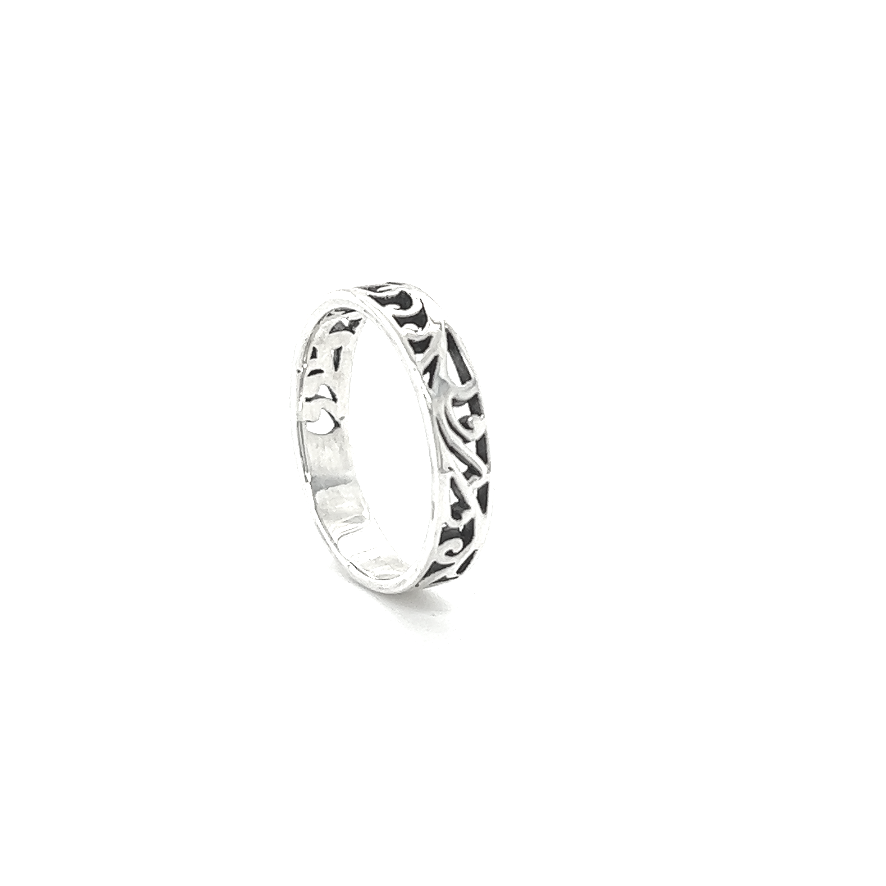 A Super Silver 4mm Filigree Square Band Ring with delicate black and white designs, exuding timeless elegance.