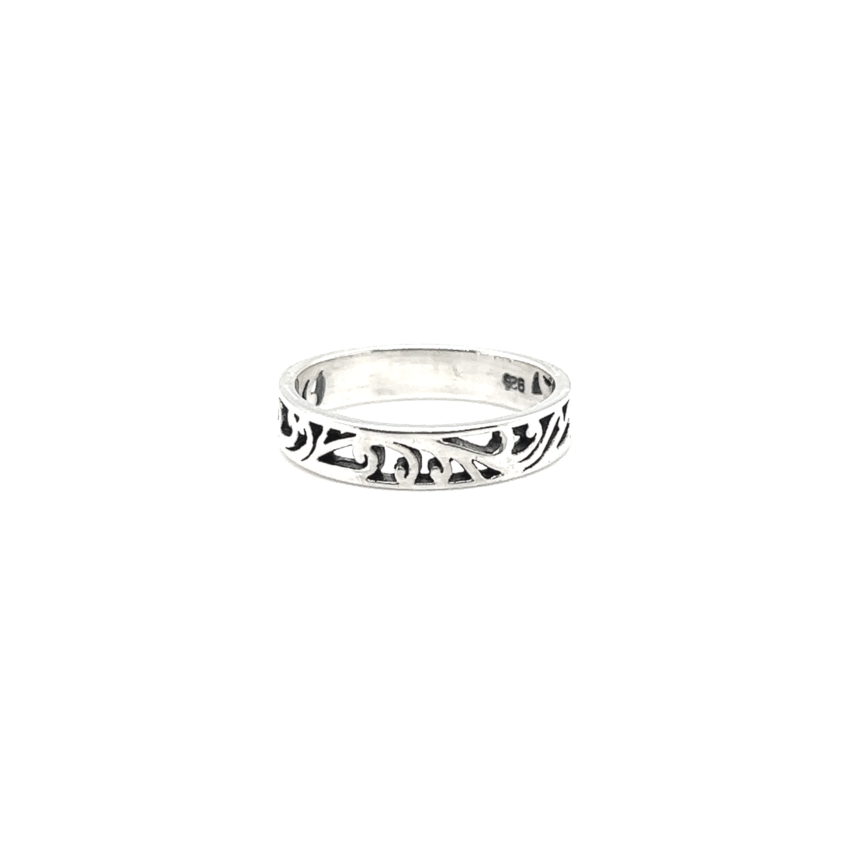 A Super Silver 4mm Filigree Squared Band Ring with a delicate Hebrew design, exuding timeless elegance and a boho spirit.