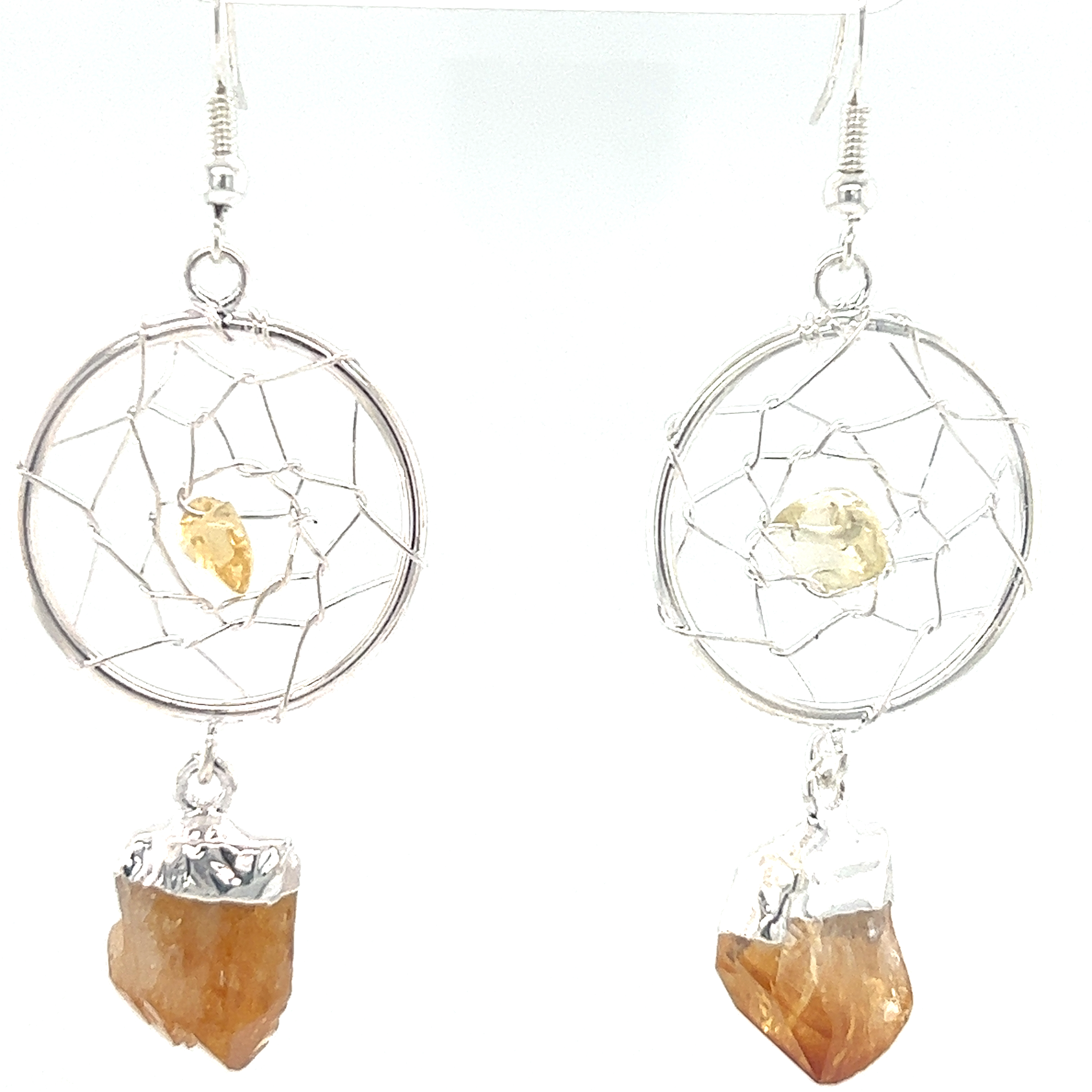 A pair of Super Silver Raw Crystal Dream Catcher Earrings with a yellow gemstone.