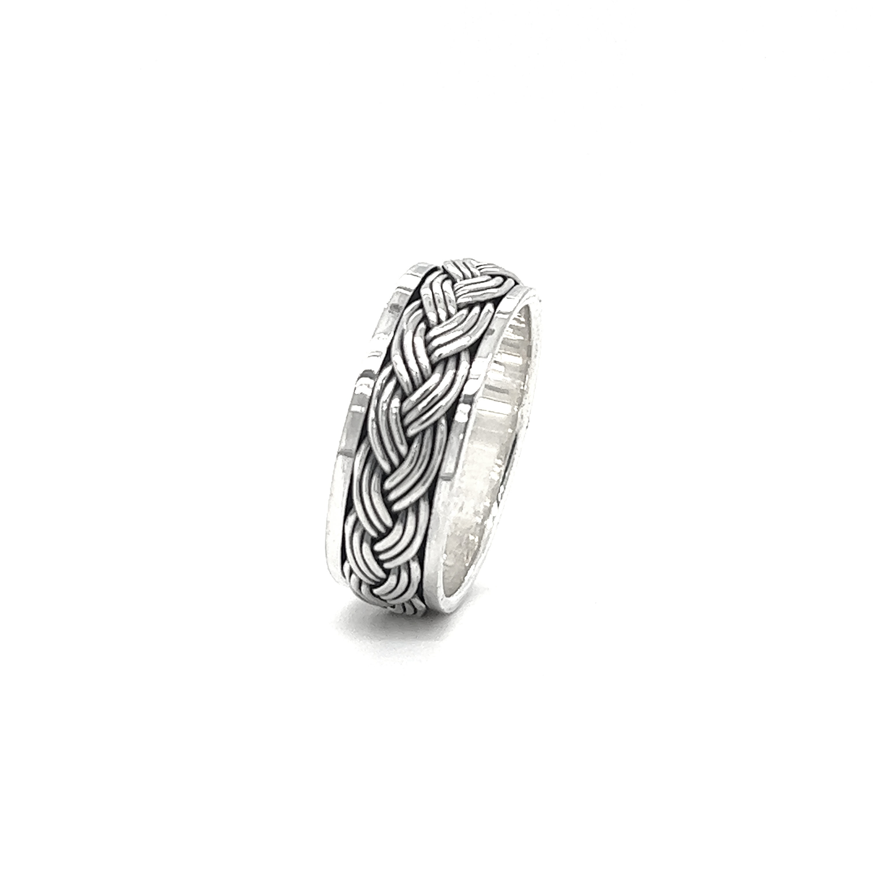 A silver Rope Spinner Ring with a braided weave design.