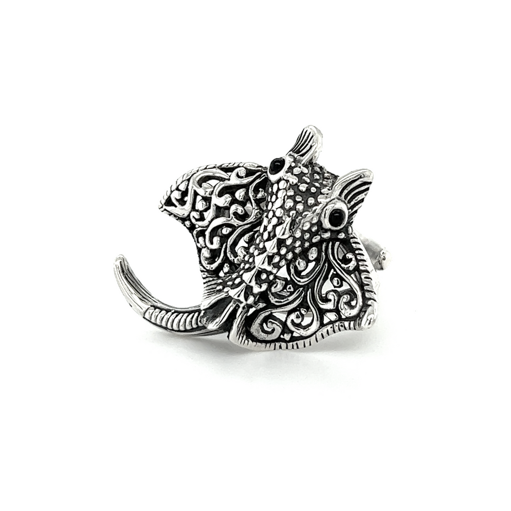 A sterling silver Statement Manta Ray Ring with an ornate ocean-inspired design from Santa Cruz.