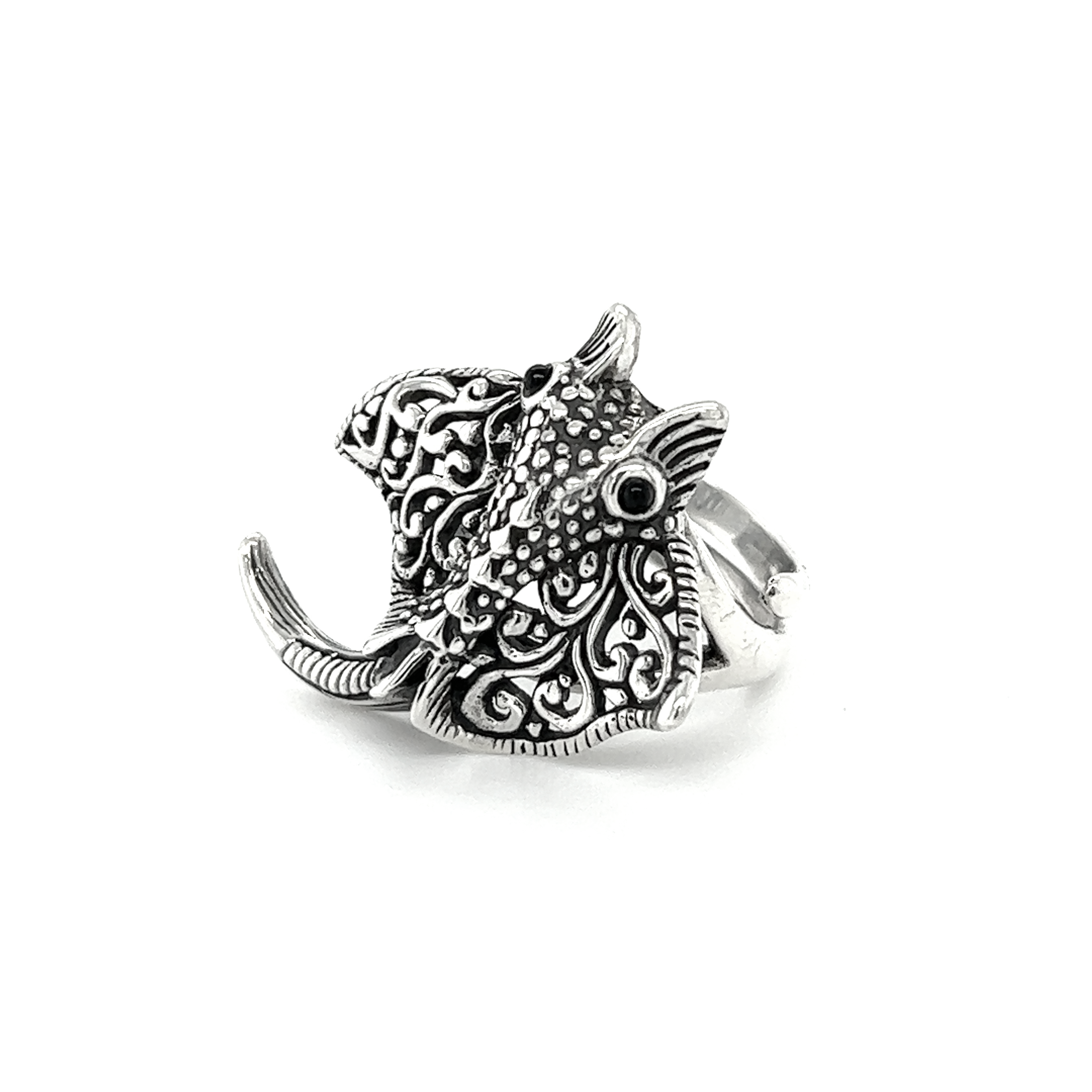 A designer Statement Manta Ray Ring with an adjustable band, featuring an elephant motif.