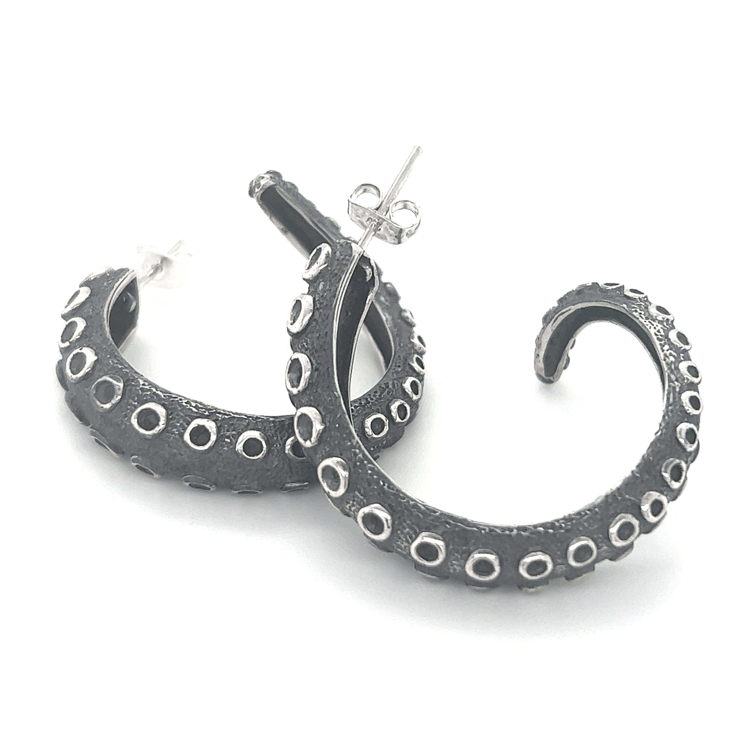 Super Silver Edgy Octopus Tentacle Hoop Earrings - black.