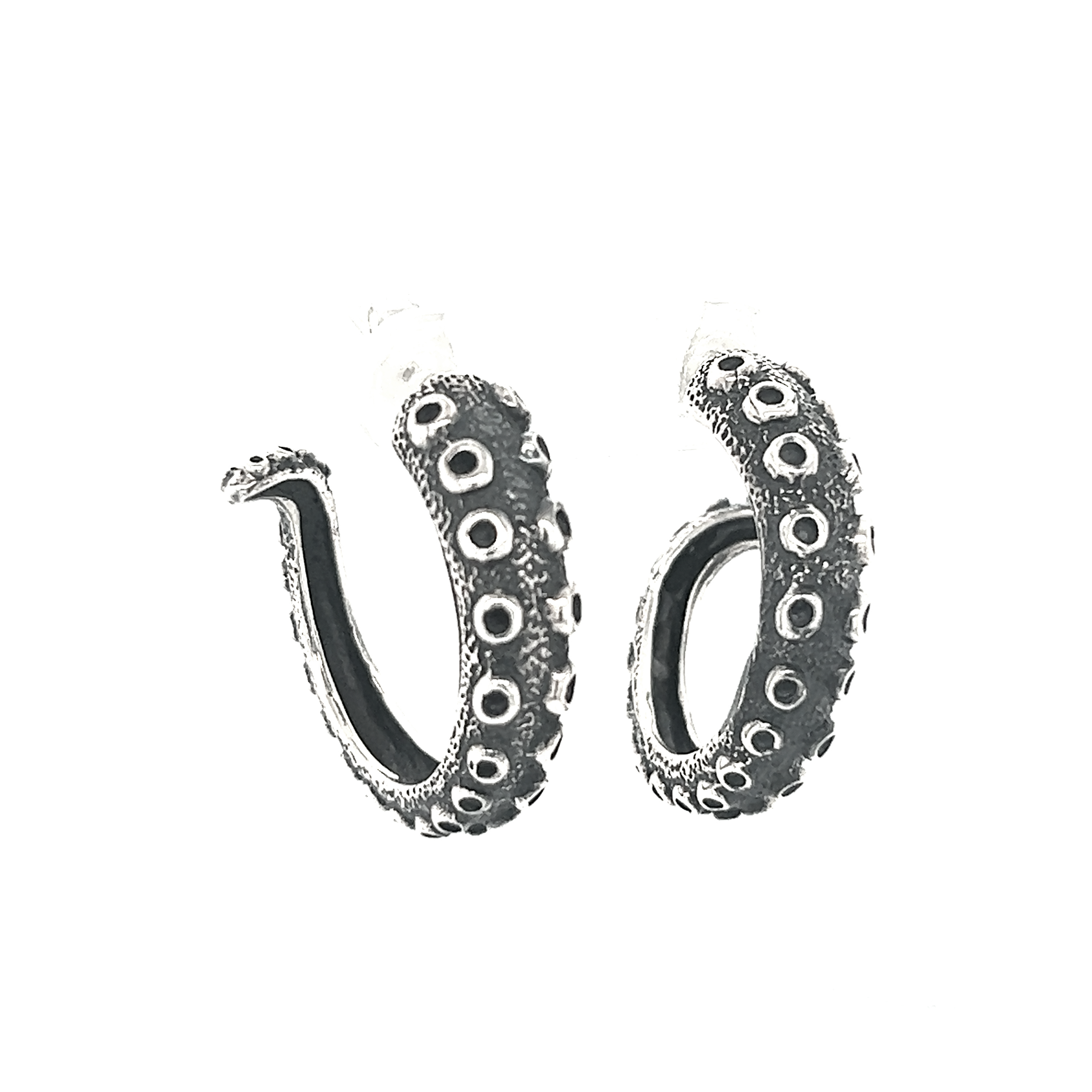 A pair of Super Silver Edgy Octopus Tentacle Hoop Earrings on a white background.