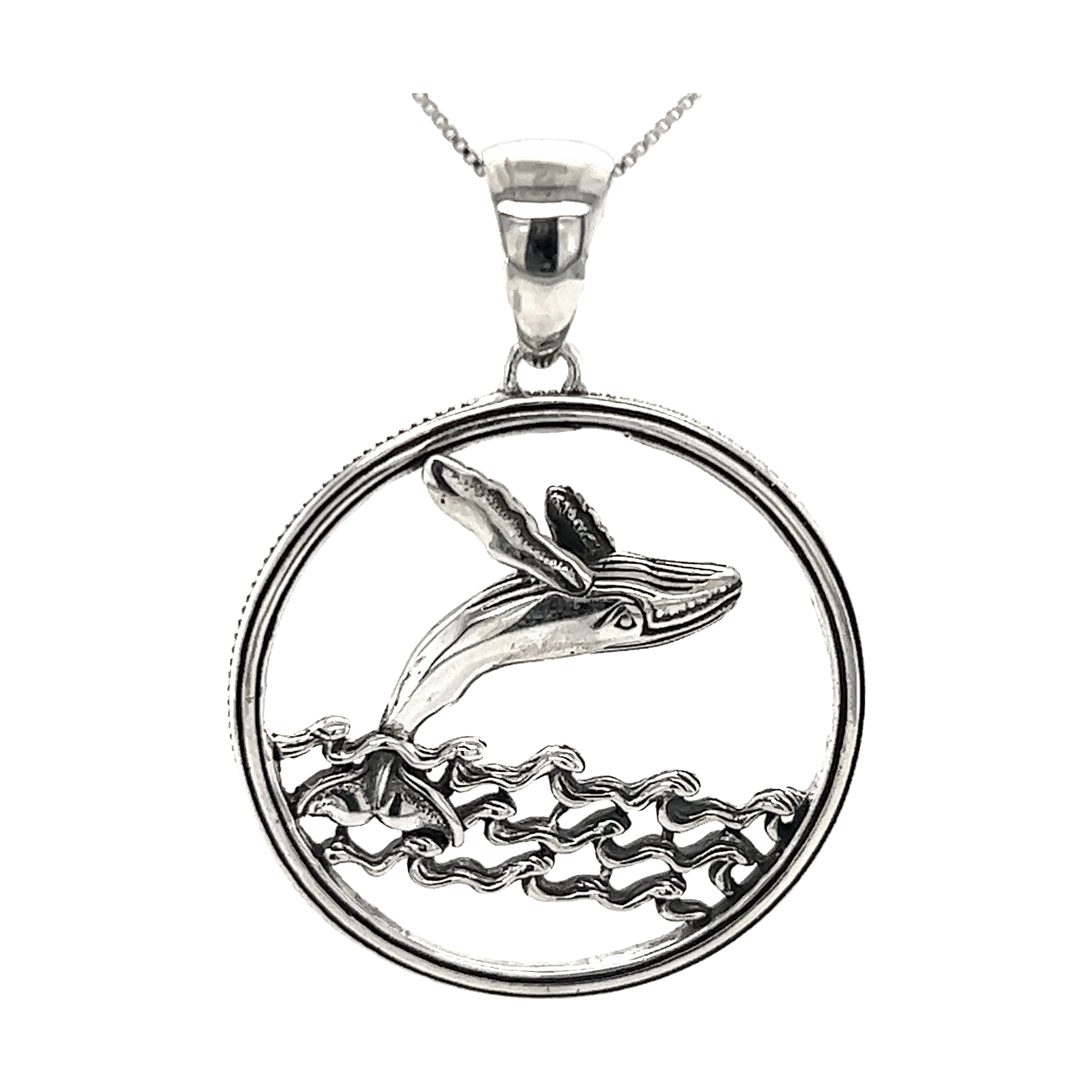 A Brilliant Whale Pendant by Super Silver with a humpback whale in the ocean off Santa Cruz.