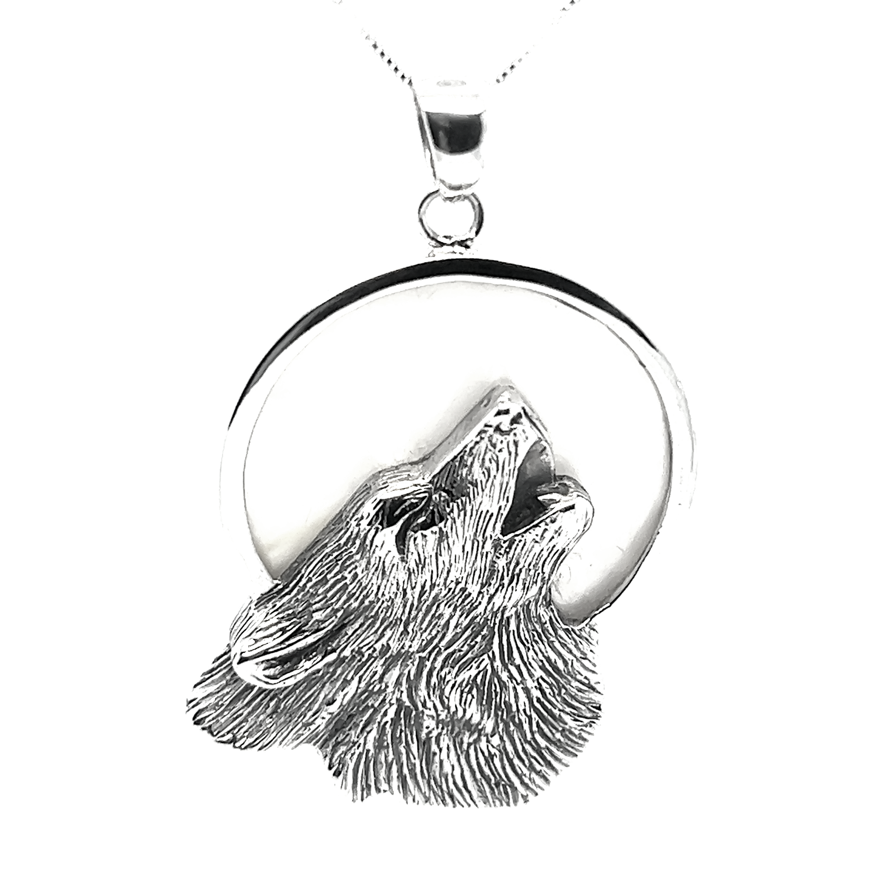 Super Silver's Wolf Howling At The Full Moon Pendant in sterling silver.