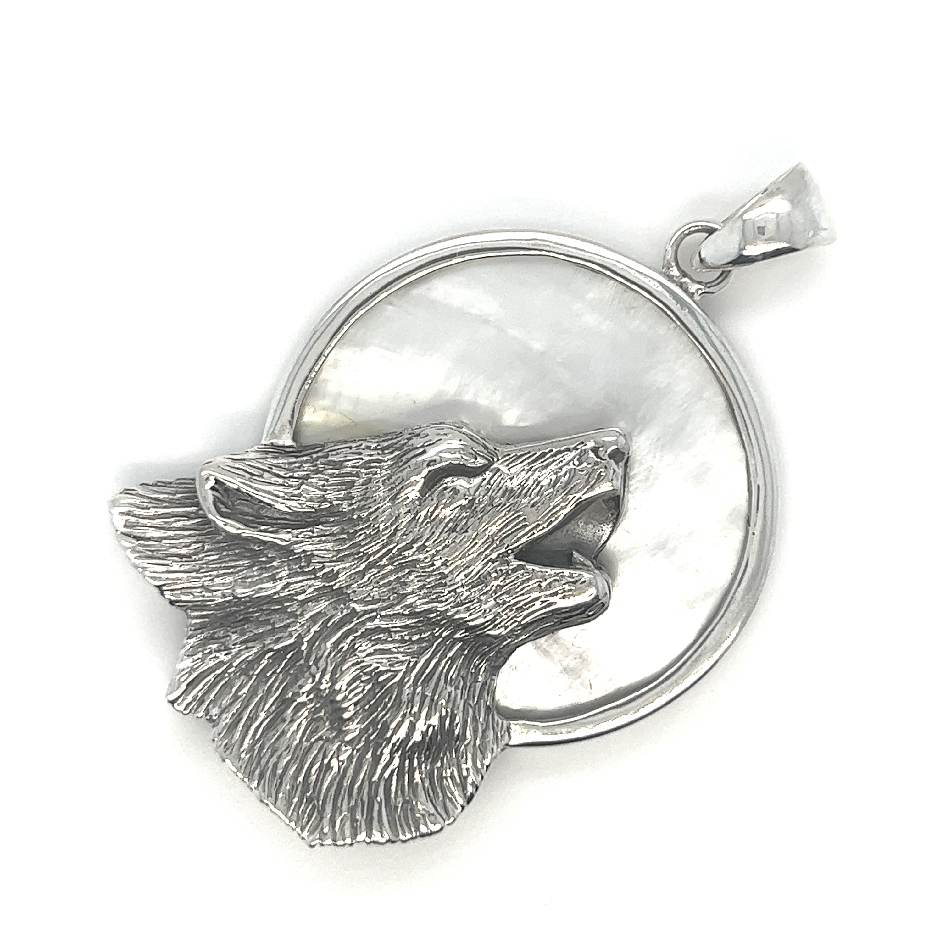 A symbolic Wolf Howling At The Full Moon pendant in the form of a Super Silver statement necklace.
