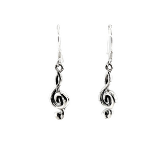 A pair of silver Super Silver Treble Dangling Earrings on a white background.