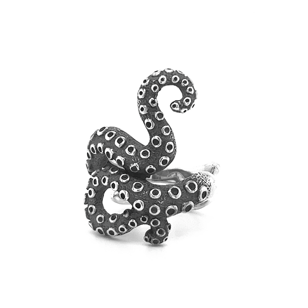 A Statement Octopus Tentacle Ring on a white background, crafted with sterling silver.