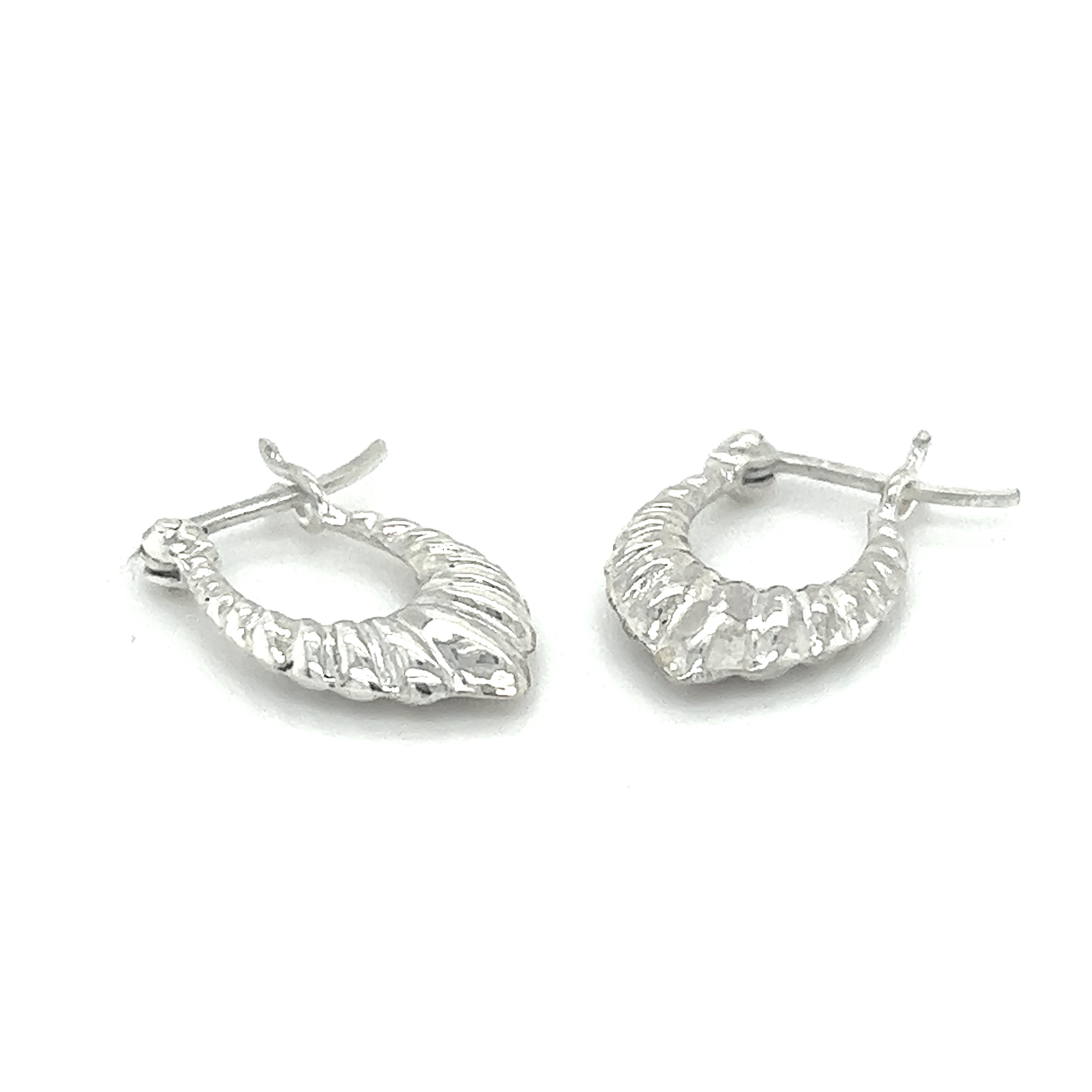 A pair of Super Silver Dainty Latch Hoop Earrings on a minimalist white background.