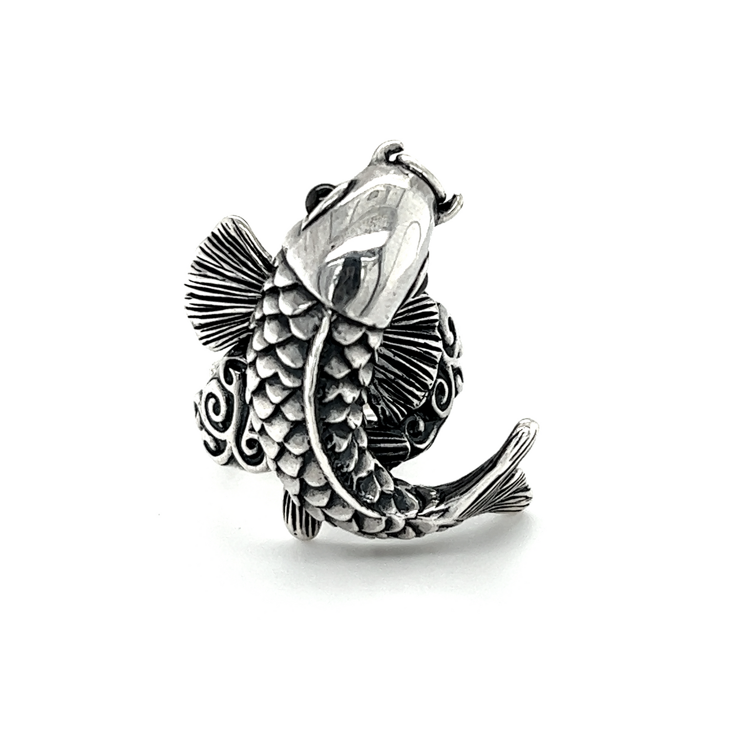 
                  
                    A adjustable silver Detailed Statement Koi Fish ring on a white background.
                  
                