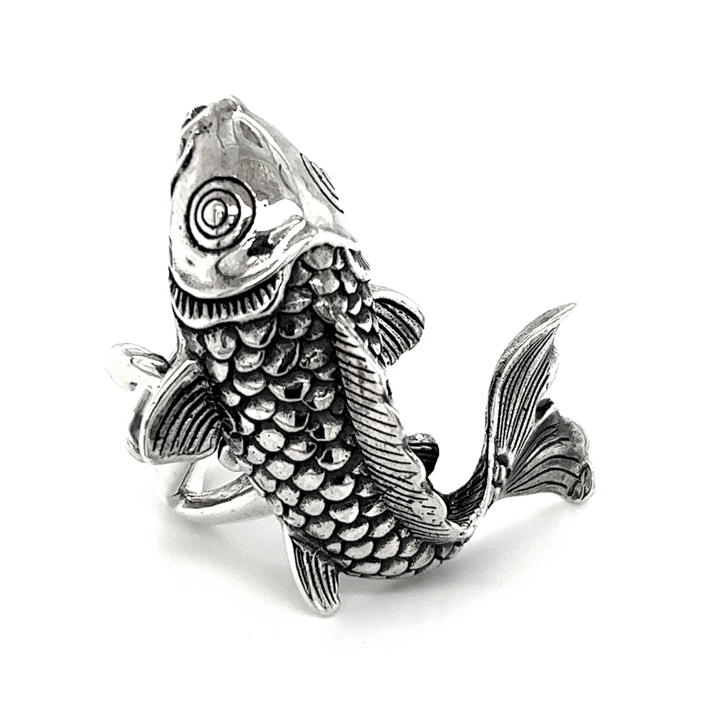 
                  
                    An artisan-crafted adjustable Detailed Statement Koi Fish ring on a white background.
                  
                