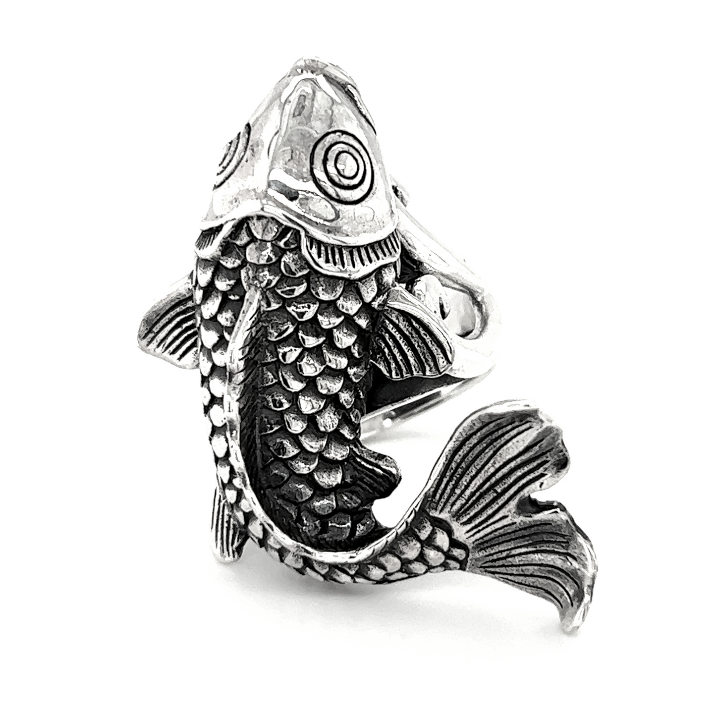 
                  
                    An artisan Detailed Statement Koi Fish ring on a white background.
                  
                