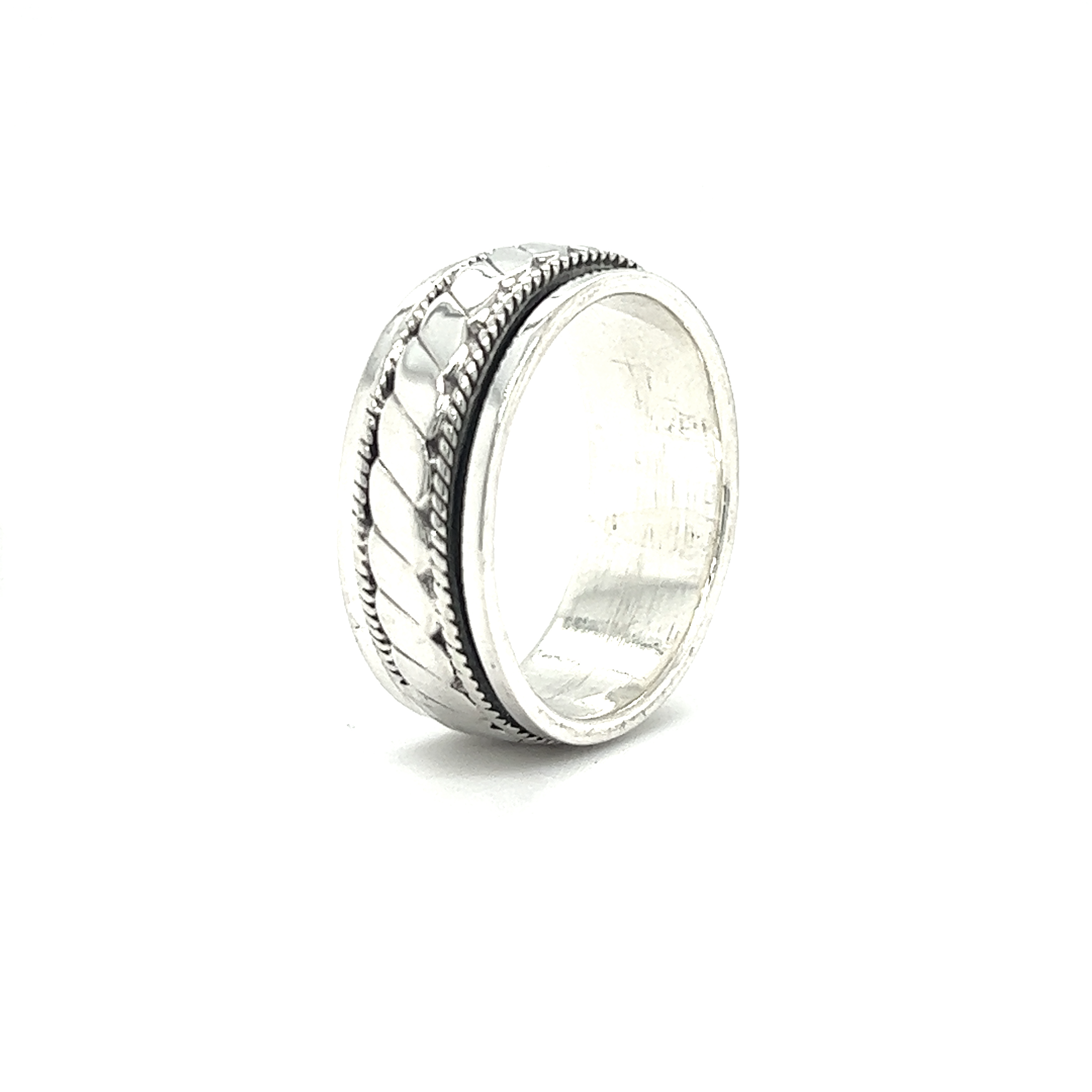 A minimalist Spinner Ring With Flat Rope Pattern with a white background.