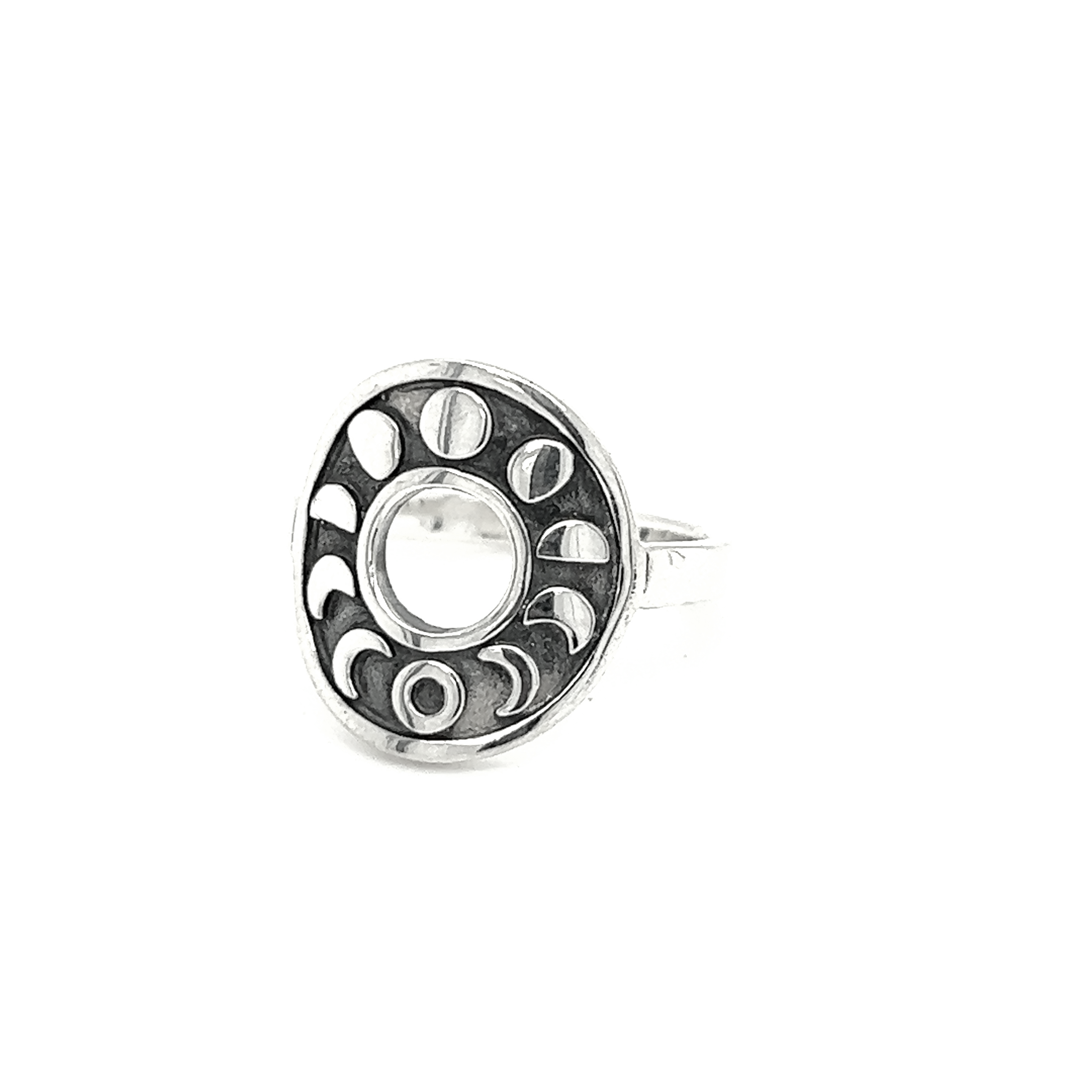 A Striking Circular Moon Phases Ring adorned with a mystical moon phase design made by Super Silver.