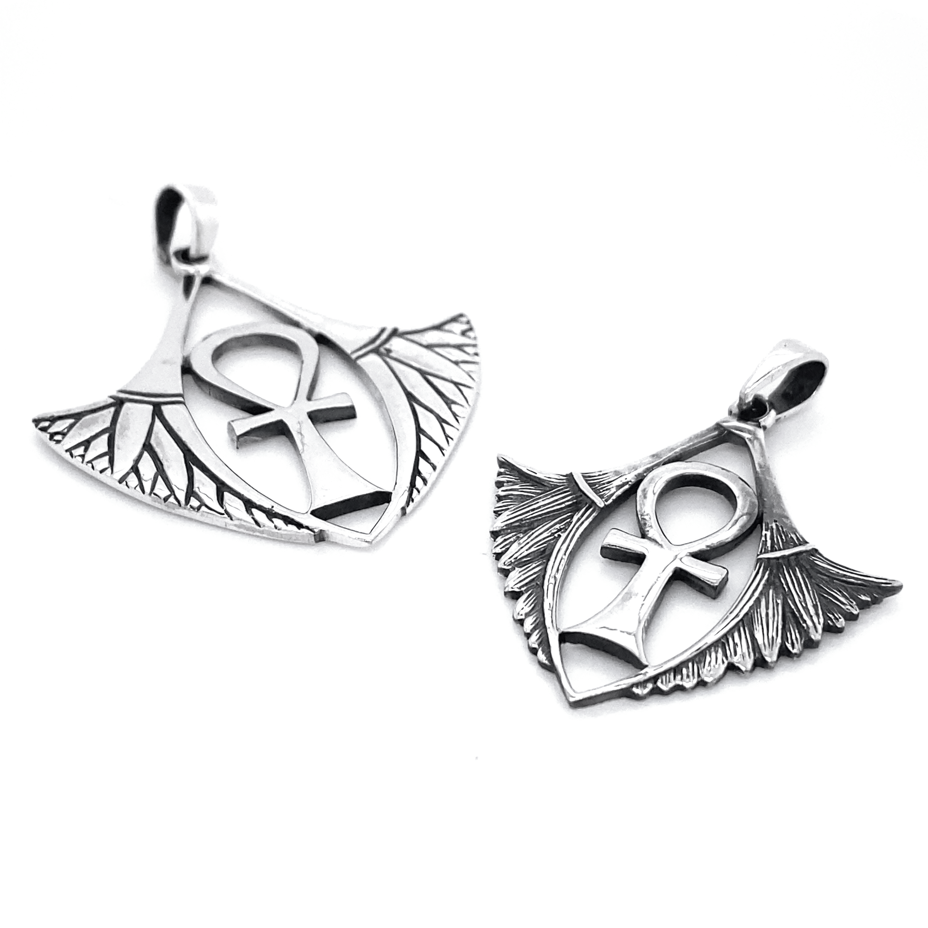 Two Super Silver Ankh Pendants with Isis Wings featuring wings of Isis.