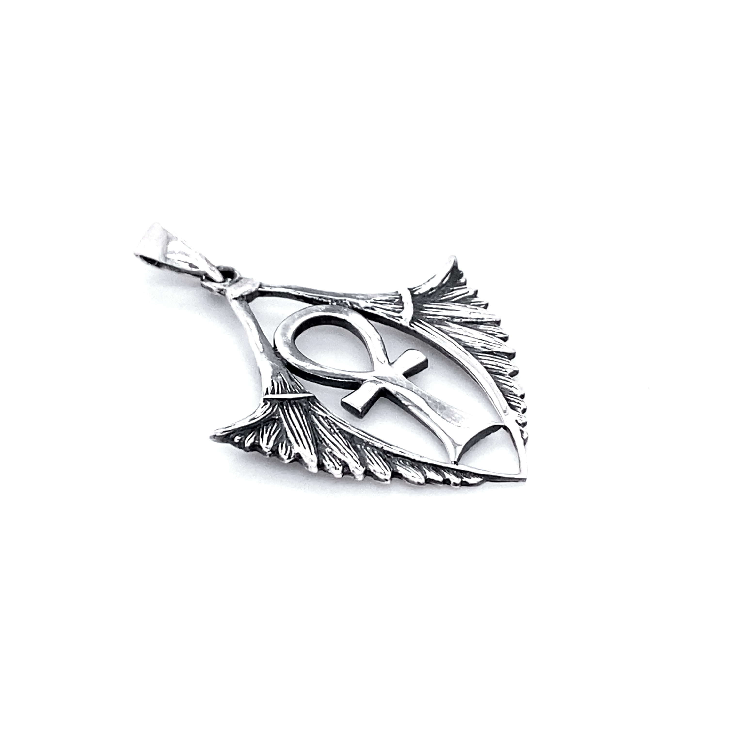 A Super Silver Ankh Pendant with Isis Wings, symbolizing the moon goddess, on a white background.