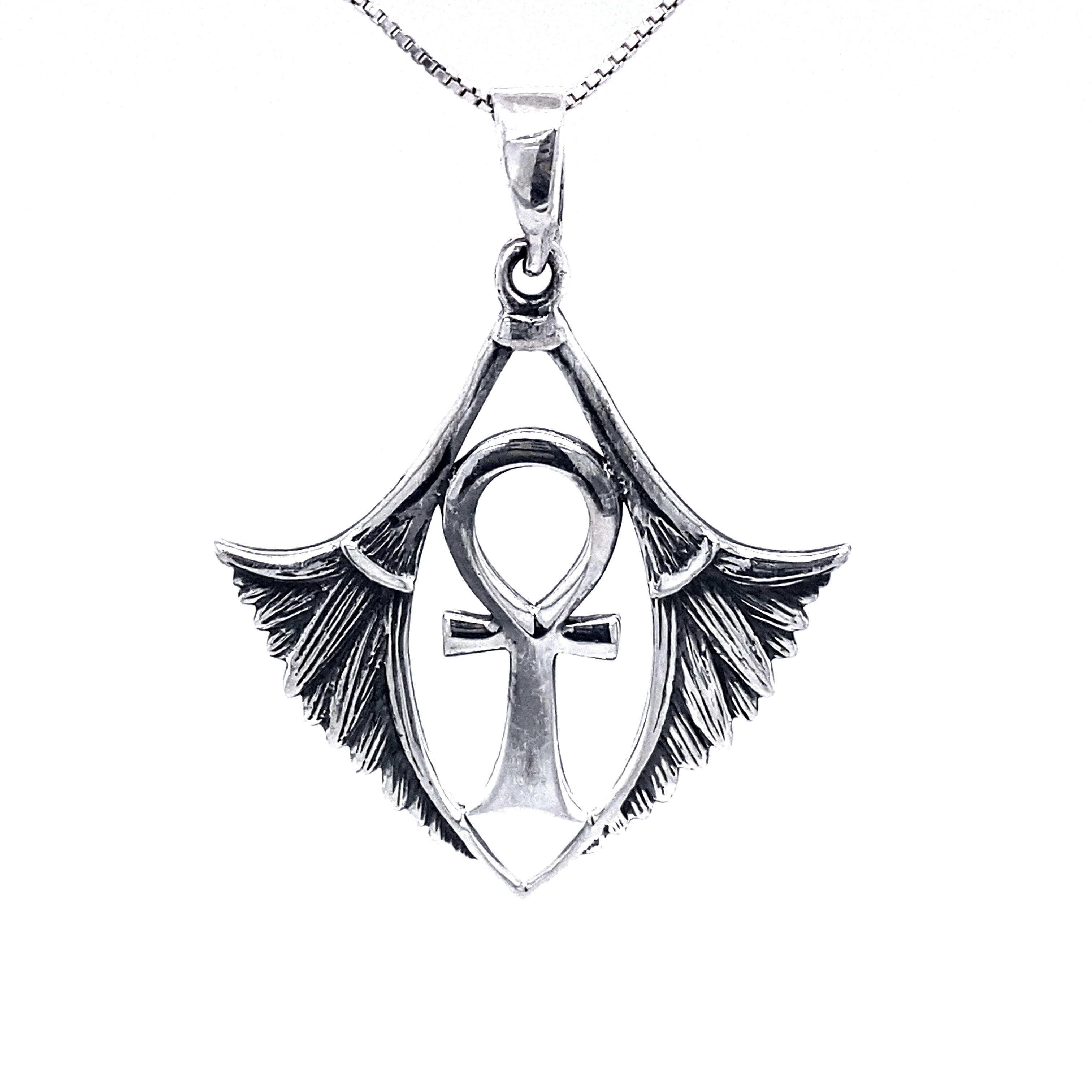 A Super Silver Ankh Pendant with Isis Wings on a silver chain.