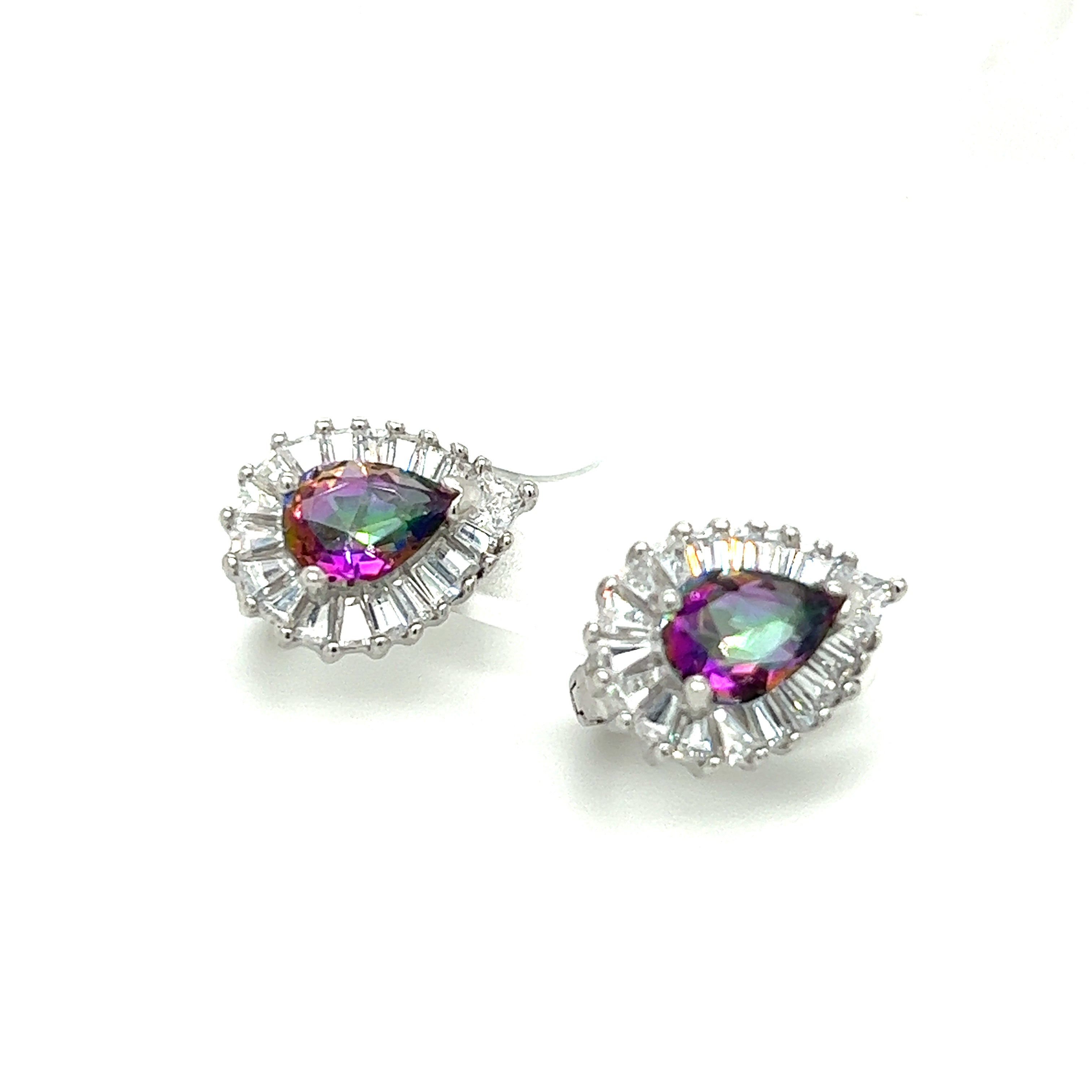 A pair of Teardrop Rainbow Topaz Latch Back Earrings from Super Silver with a rainbow colored stone and white diamonds.