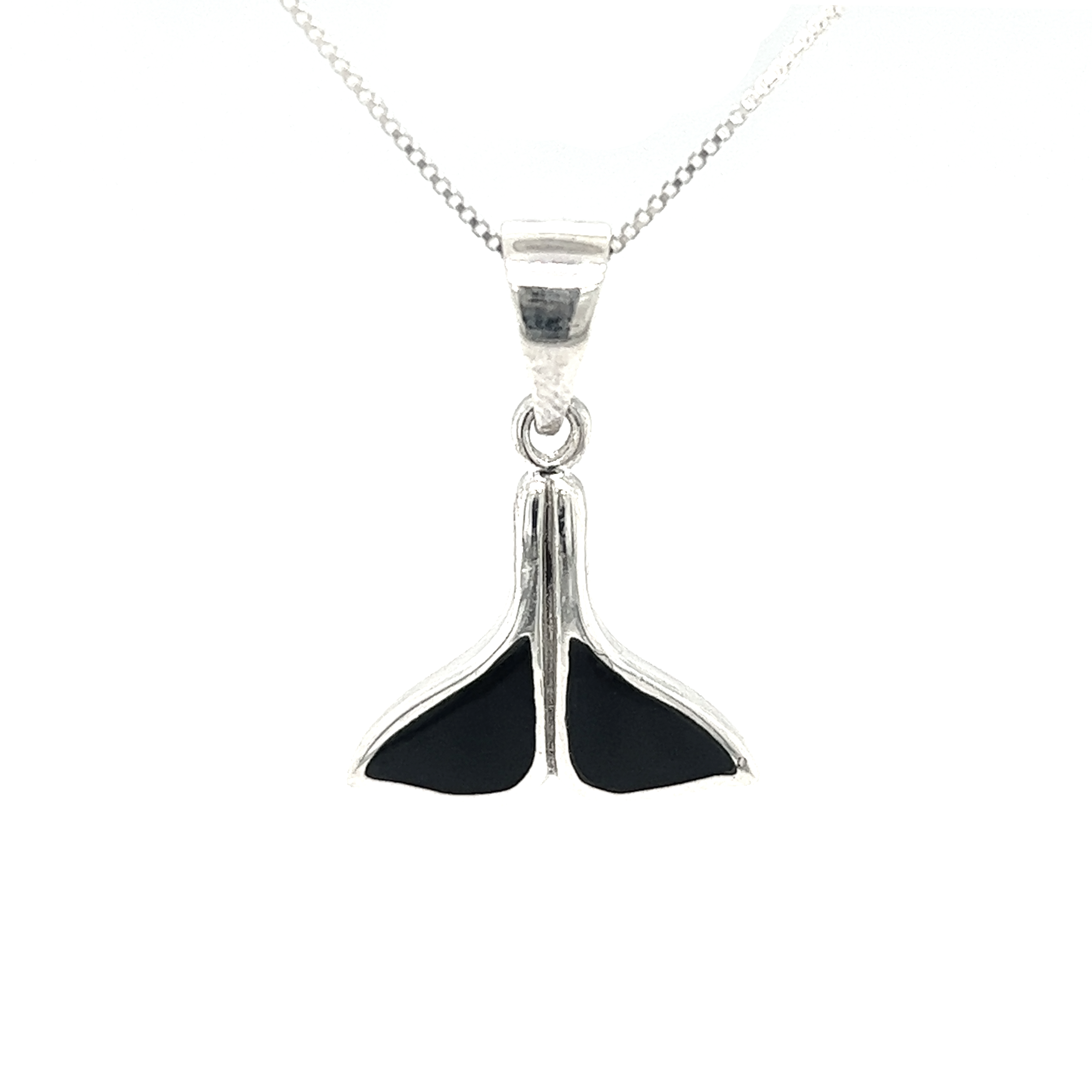 A Simple Whale Tail Pendant with Inlay Stones by Super Silver on a silver chain, inspired by the ocean in Santa Cruz.