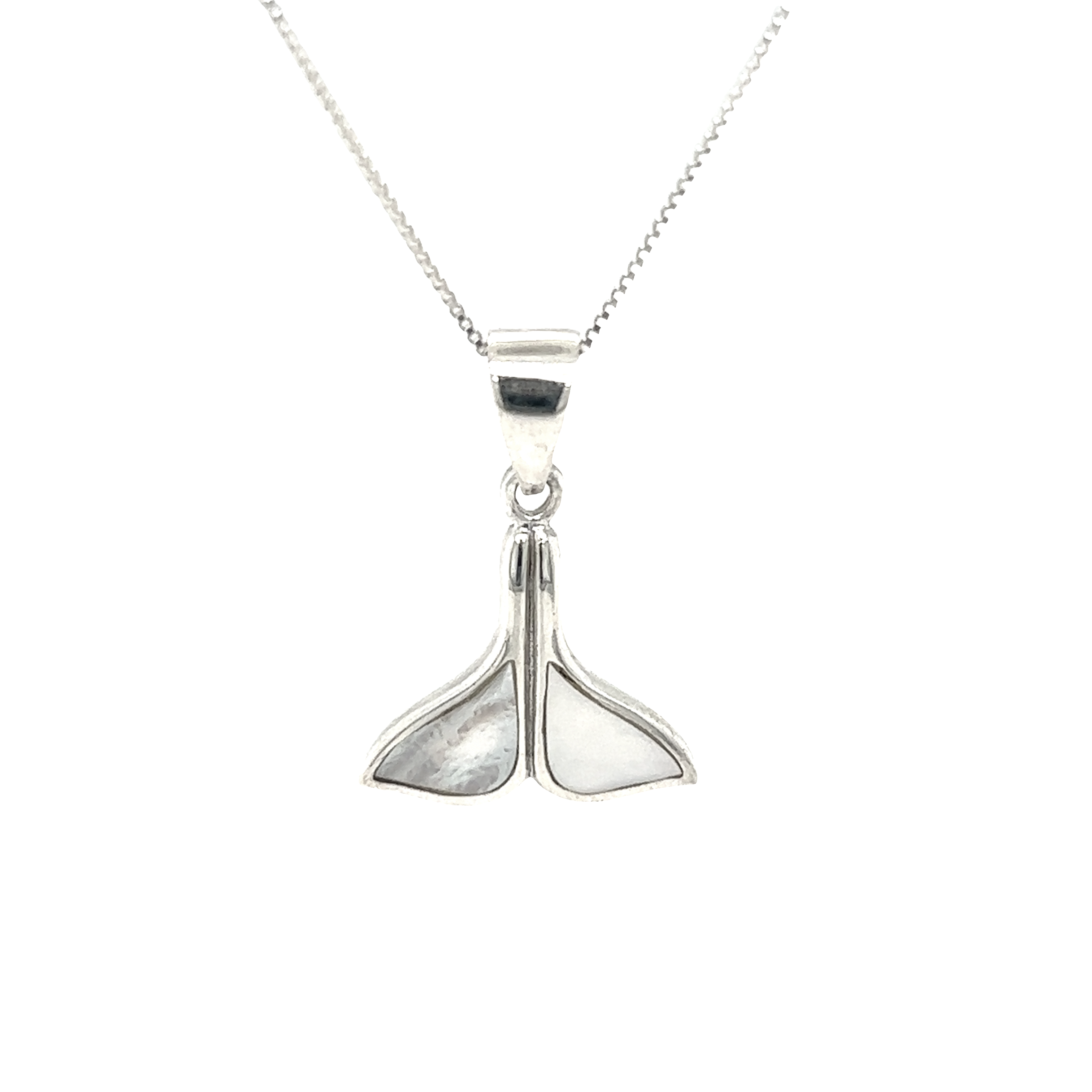 A Simple Whale Tail Pendant with Inlay Stones on a chain, perfect for ocean conservation enthusiasts. (Brand: Super Silver)