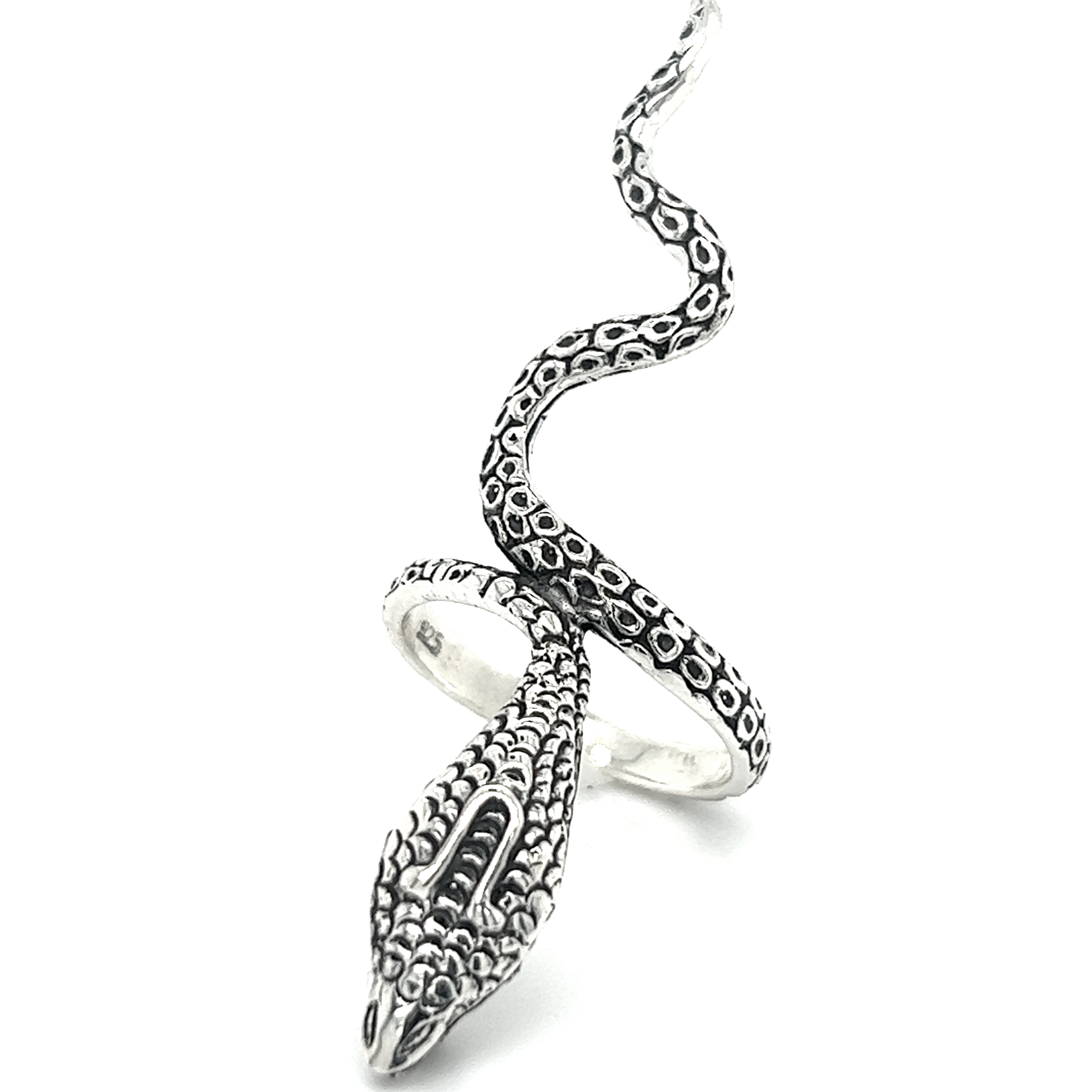 An Elongated Cobra Ring by Super Silver with serpents on a white background.