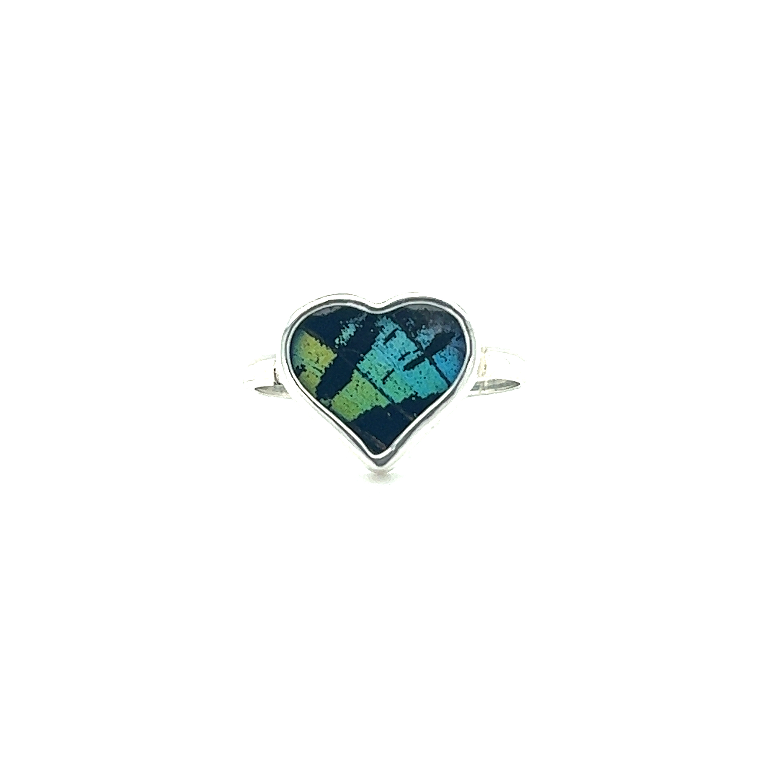 A colorful, boho-inspired Genuine Butterfly Ring in Heart Shape with a blue and green heart.
