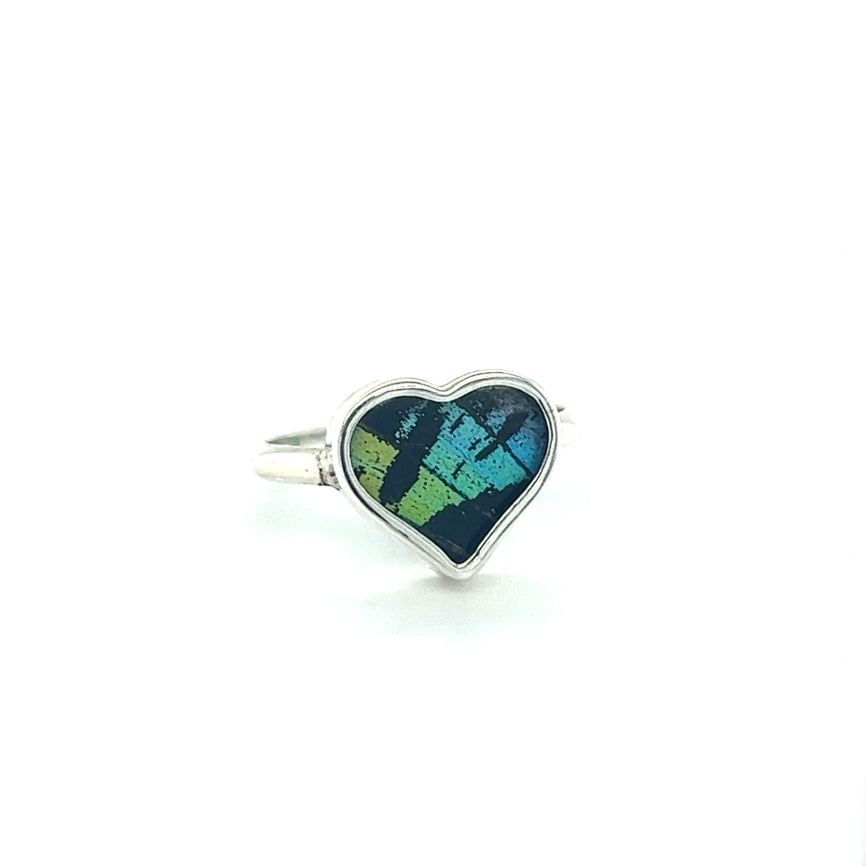 A statement Genuine Butterfly Ring in Heart Shape with a blue and green opal.
