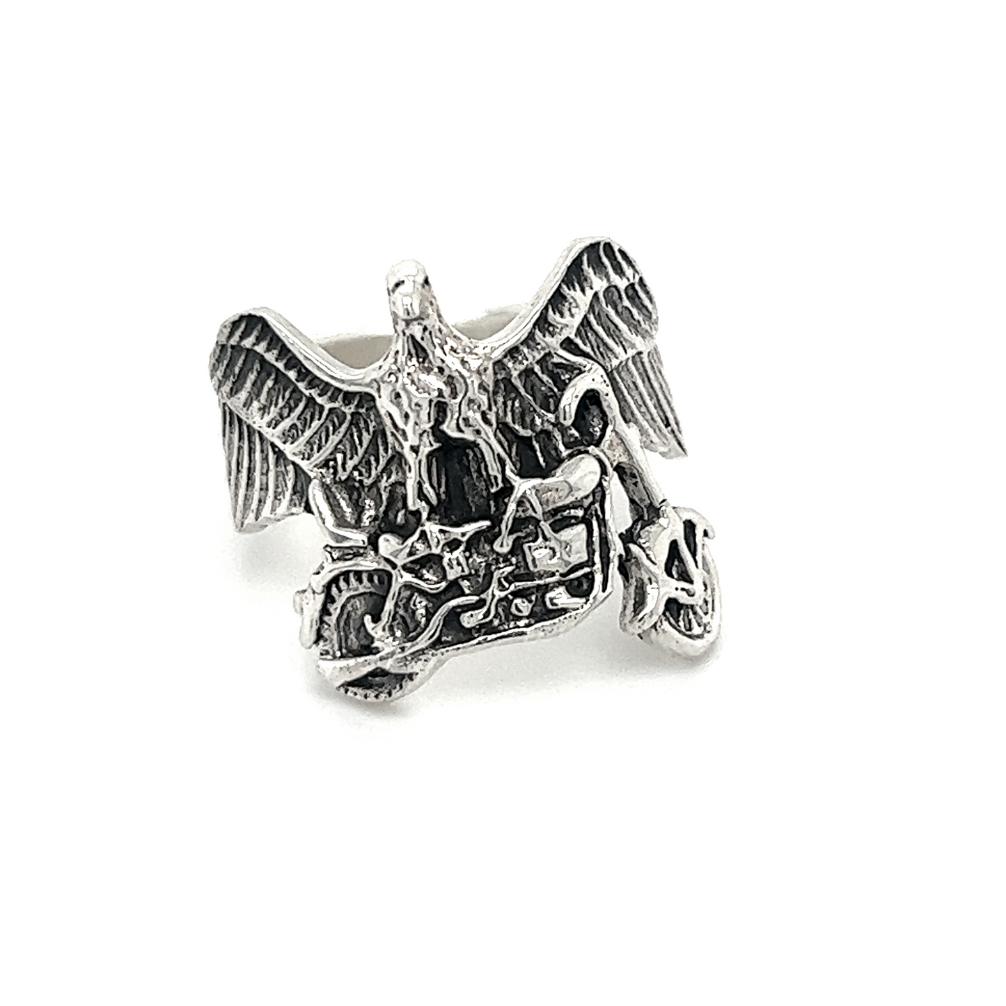 A Super Silver Statement Eagle and Motorcycle Ring featuring an eagle design.