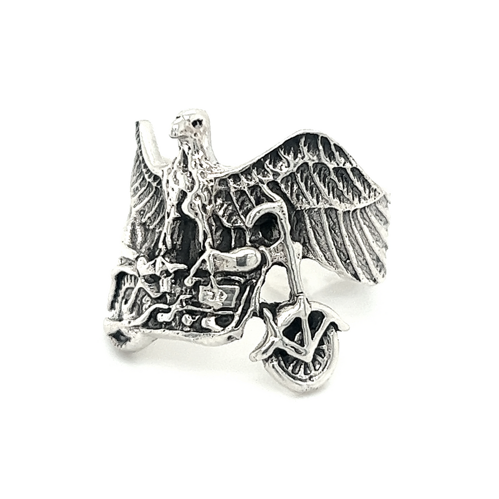 A super silver Statement Eagle and Motorcycle Ring with a badass biker design.