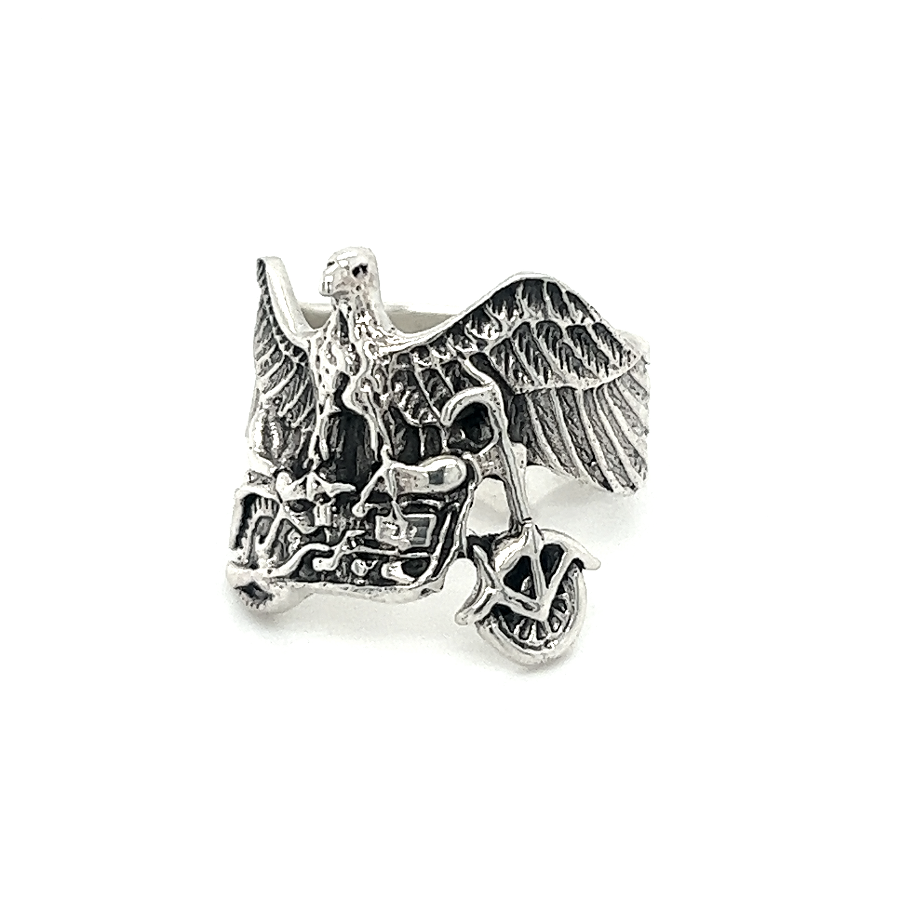 A Super Silver Statement Eagle and Motorcycle Ring with an eagle design.