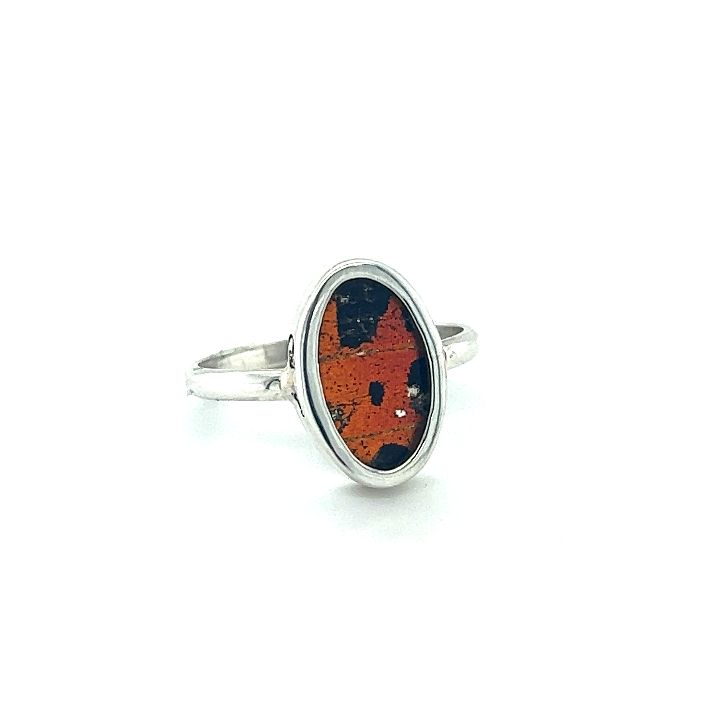 A silver and orange Genuine Butterfly Wing Rings in Oval Shape.