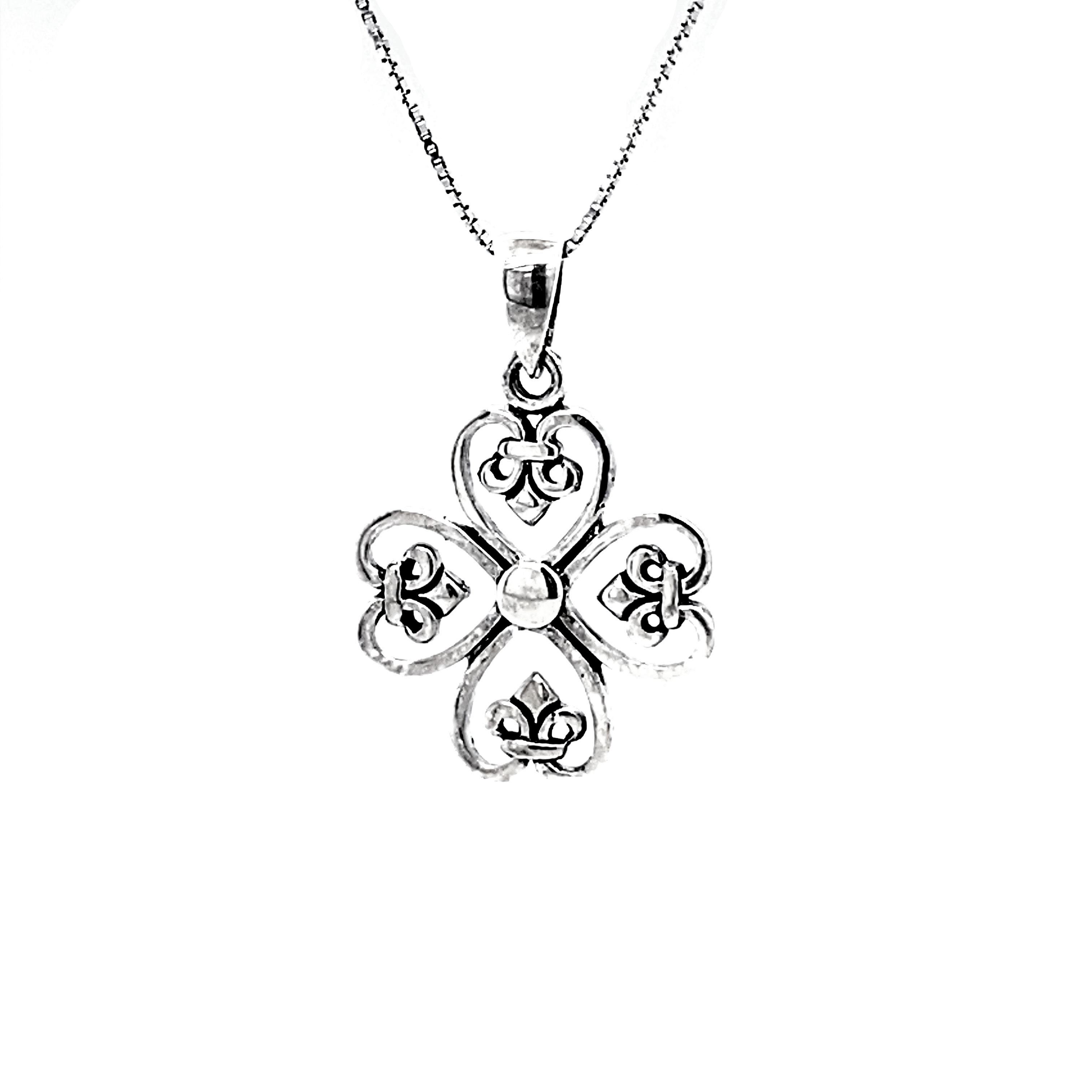 Vintage style Clover Cross Pendant with Fleur De Lis in sterling silver, a lucky Irish charm.