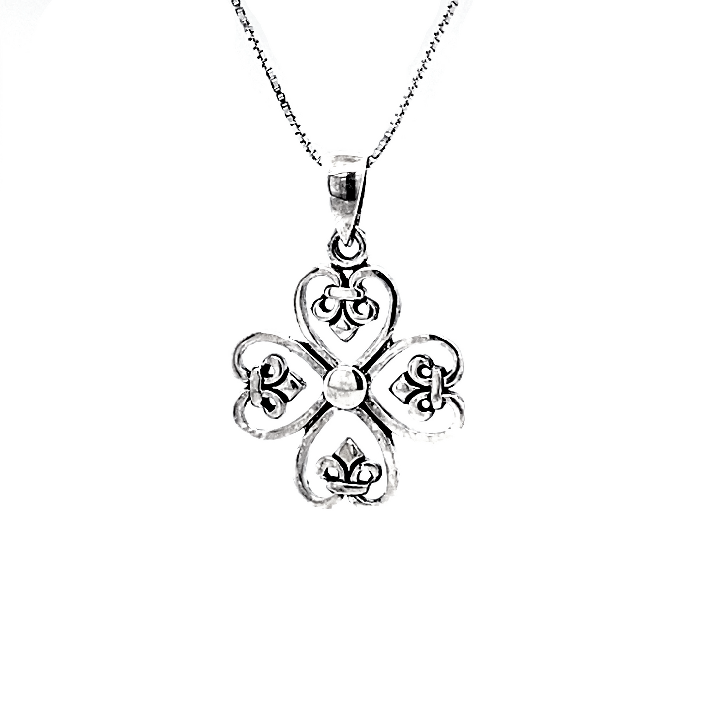 Vintage style Clover Cross Pendant with Fleur De Lis in sterling silver, a lucky Irish charm.