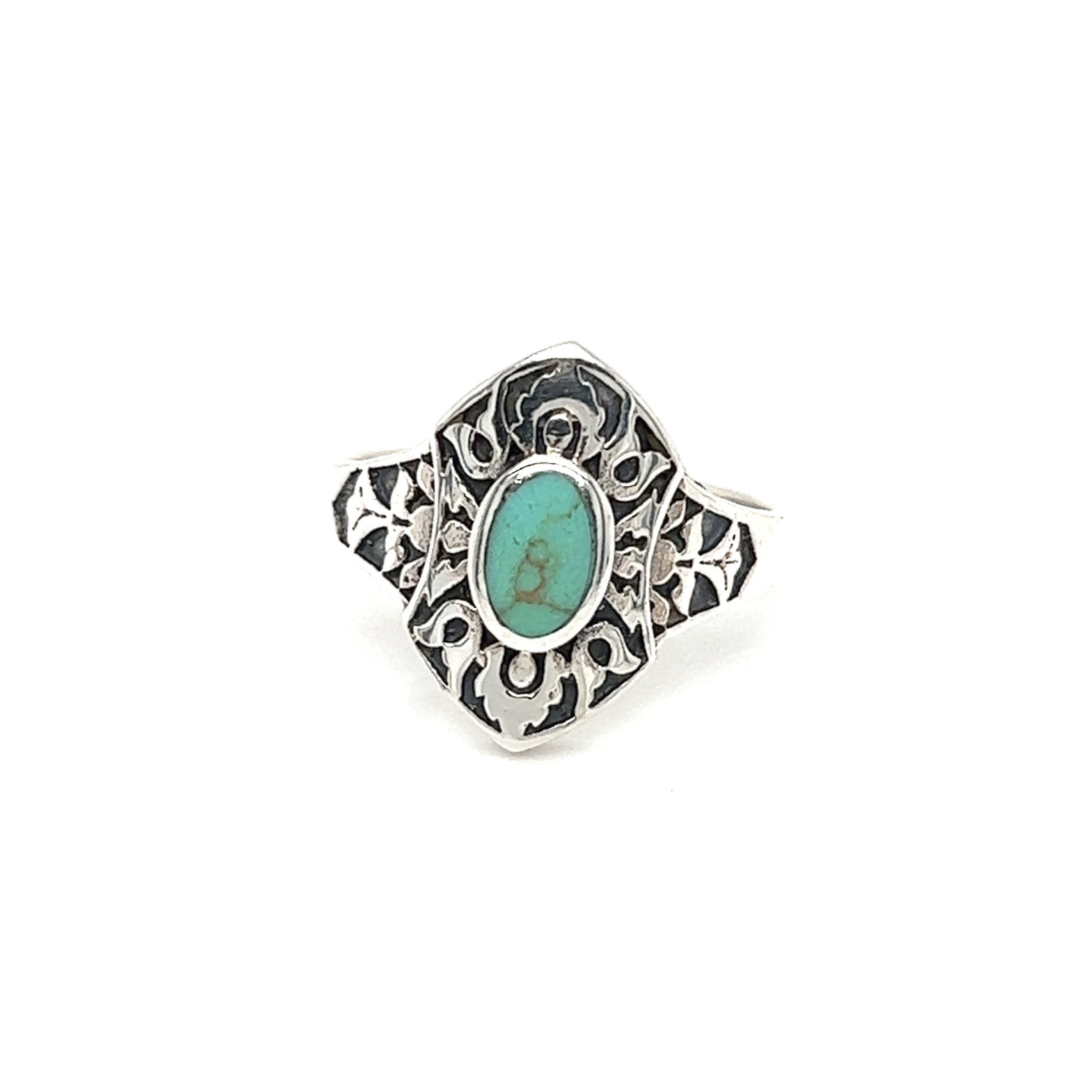 A Marquise Shield Ring With Inlaid Stones with a shield design and an inlaid turquoise stone.