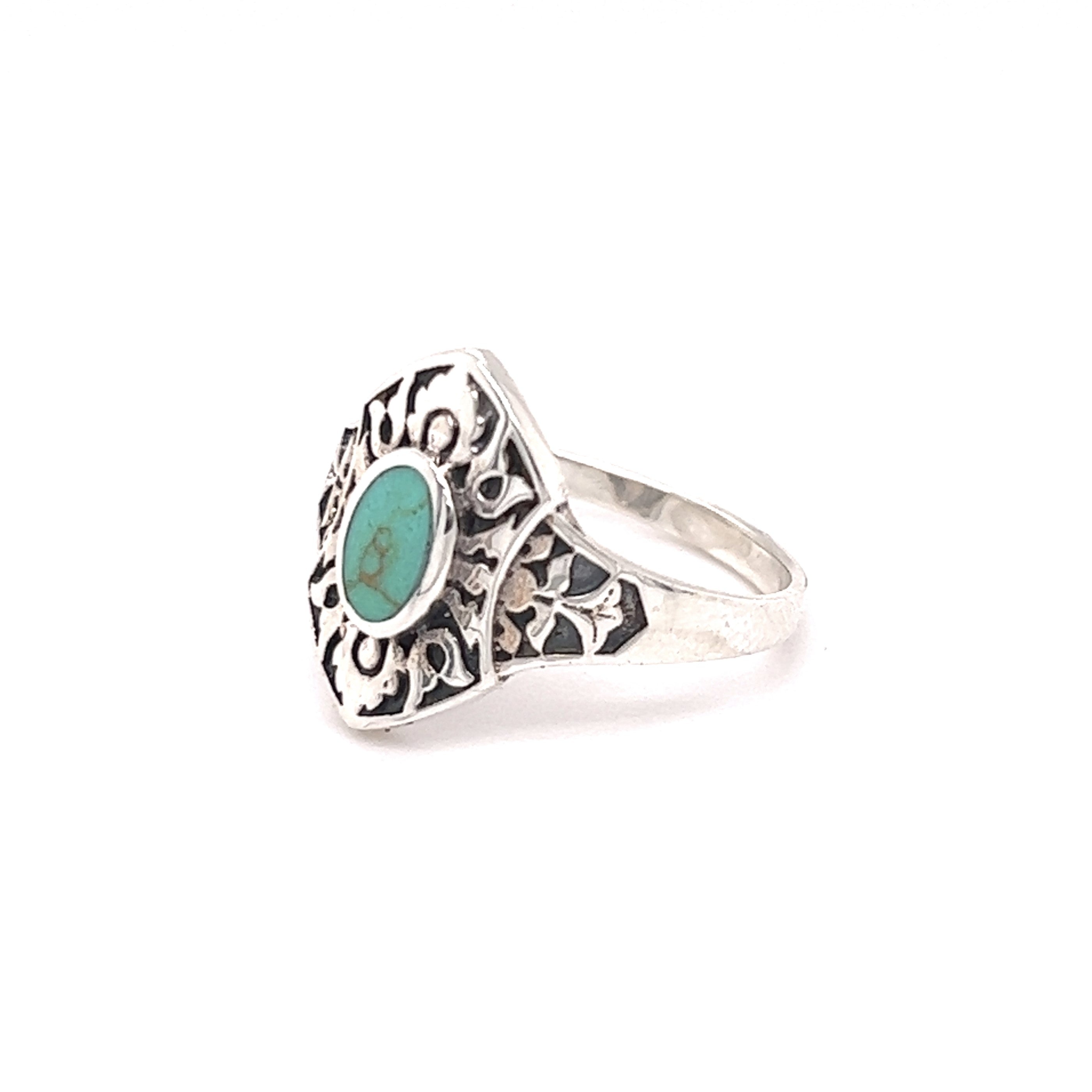 A Marquise Shield Ring With Inlaid Stones with a turquoise stone inlaid.