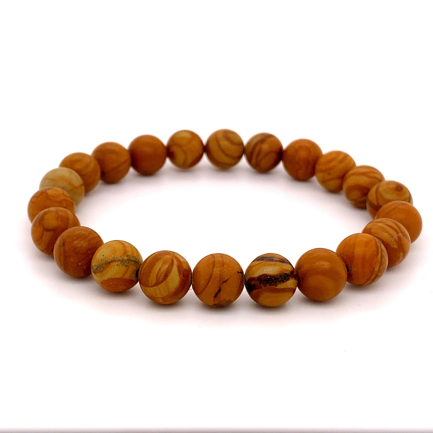 
                  
                    A 4mm beaded healing stone bracelet made of polished brown and tan stones with striped patterns, arranged in a circle on a white background.
                  
                