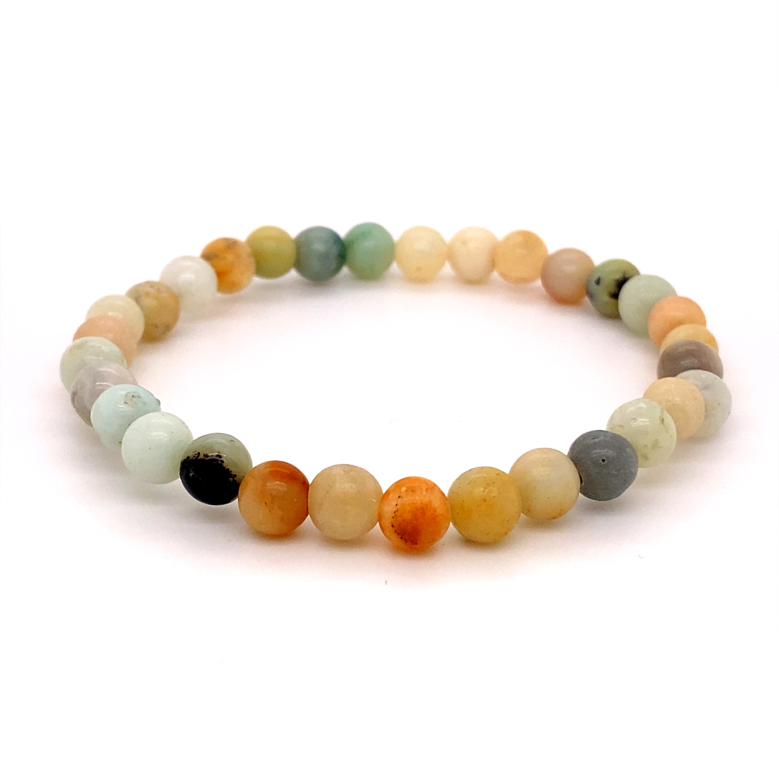 4mm Beaded Stone Bracelet made of various shades of stone beads, ranging from light green and yellow to gray, arranged on a white background.