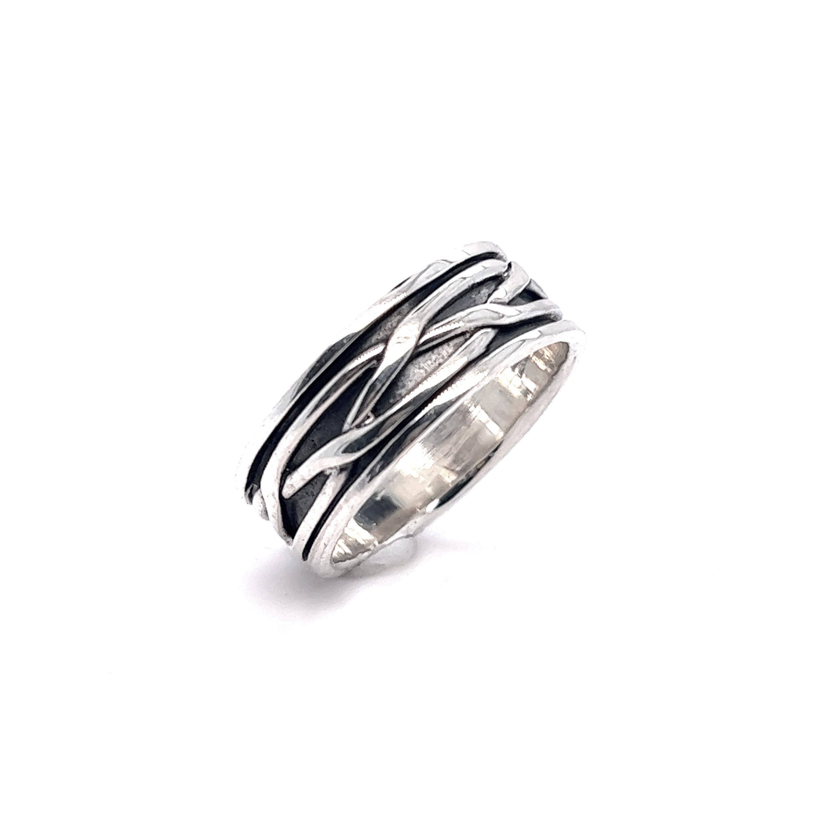 A silver ring with black and white designs, featuring a Thick Woven Band.