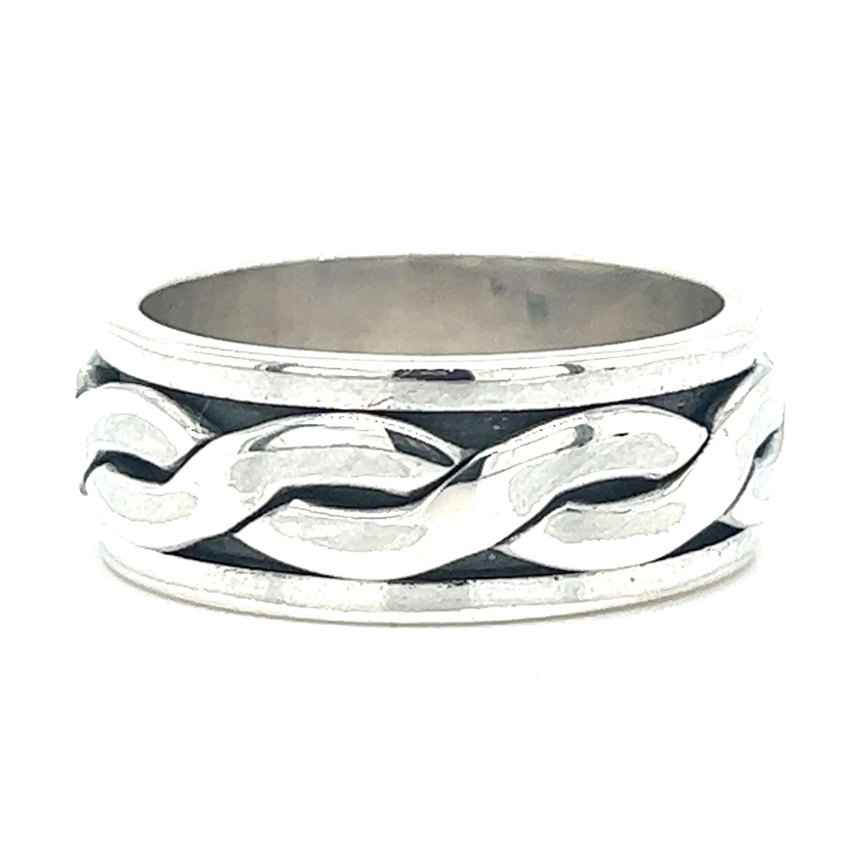 A .925 Sterling Silver ring with a Sleek Woven Spinner Band product design.