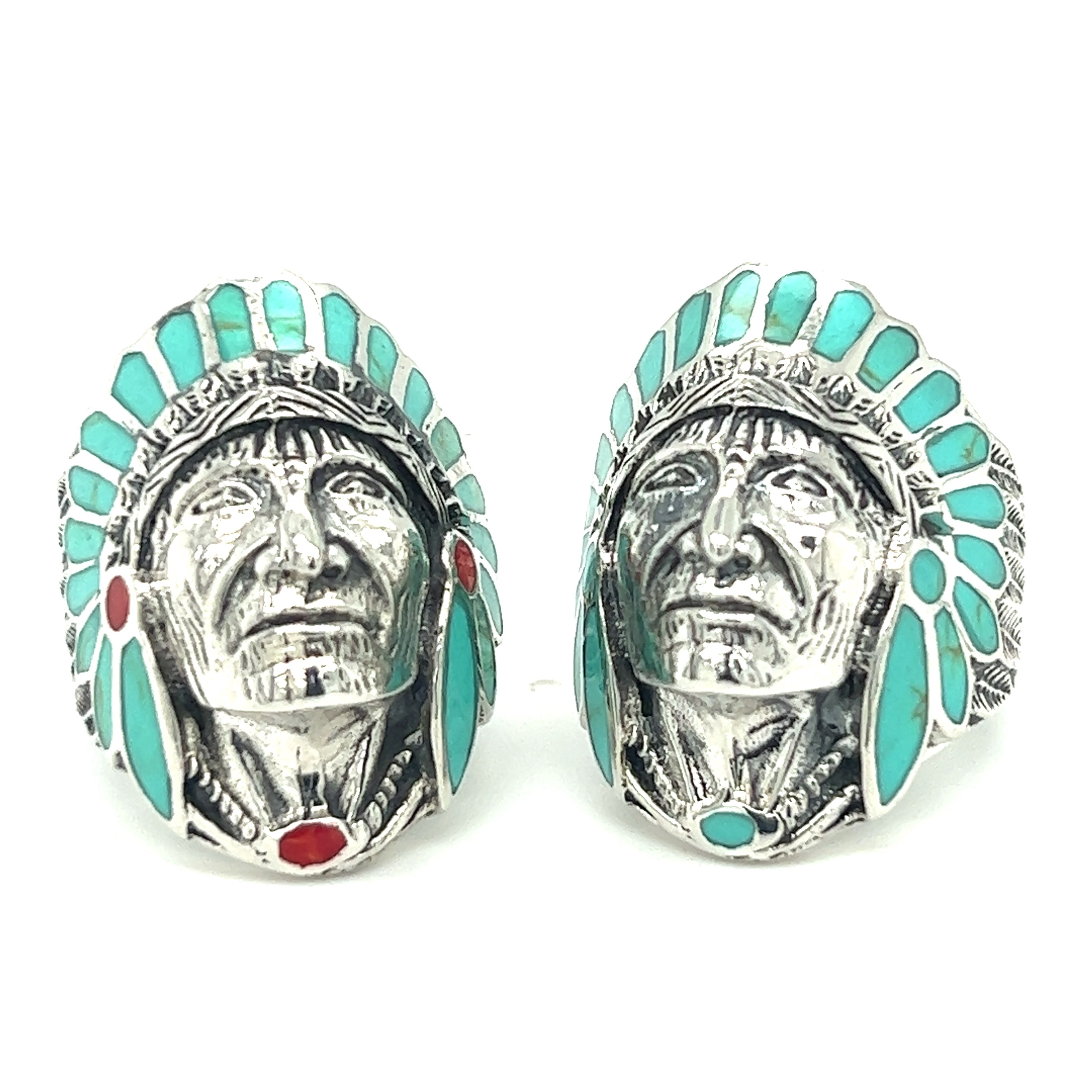 A pair of Stately Chief Head Ring With Inlay Stones, perfect for men.